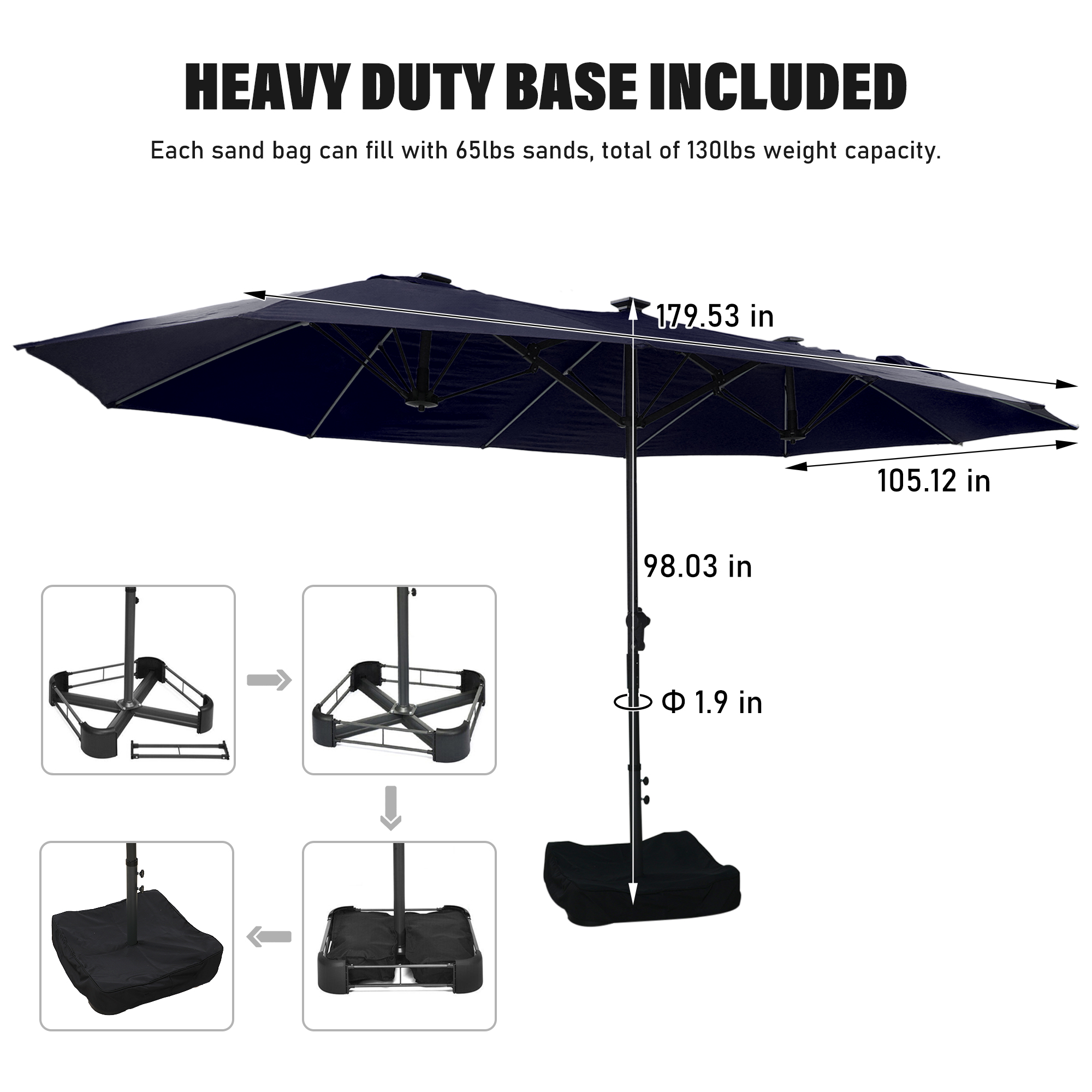 15ft Rectangular Dual-Sided Patio Fiberglass Ribs Umbrella with LED Lights