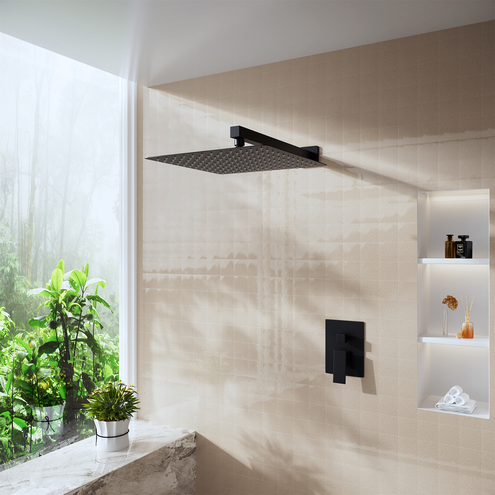 15.75" Stainless Steel Wall Mounted Square Shower Arm with Flange for Rain Shower Head in Brushed Nickel/Matte Black