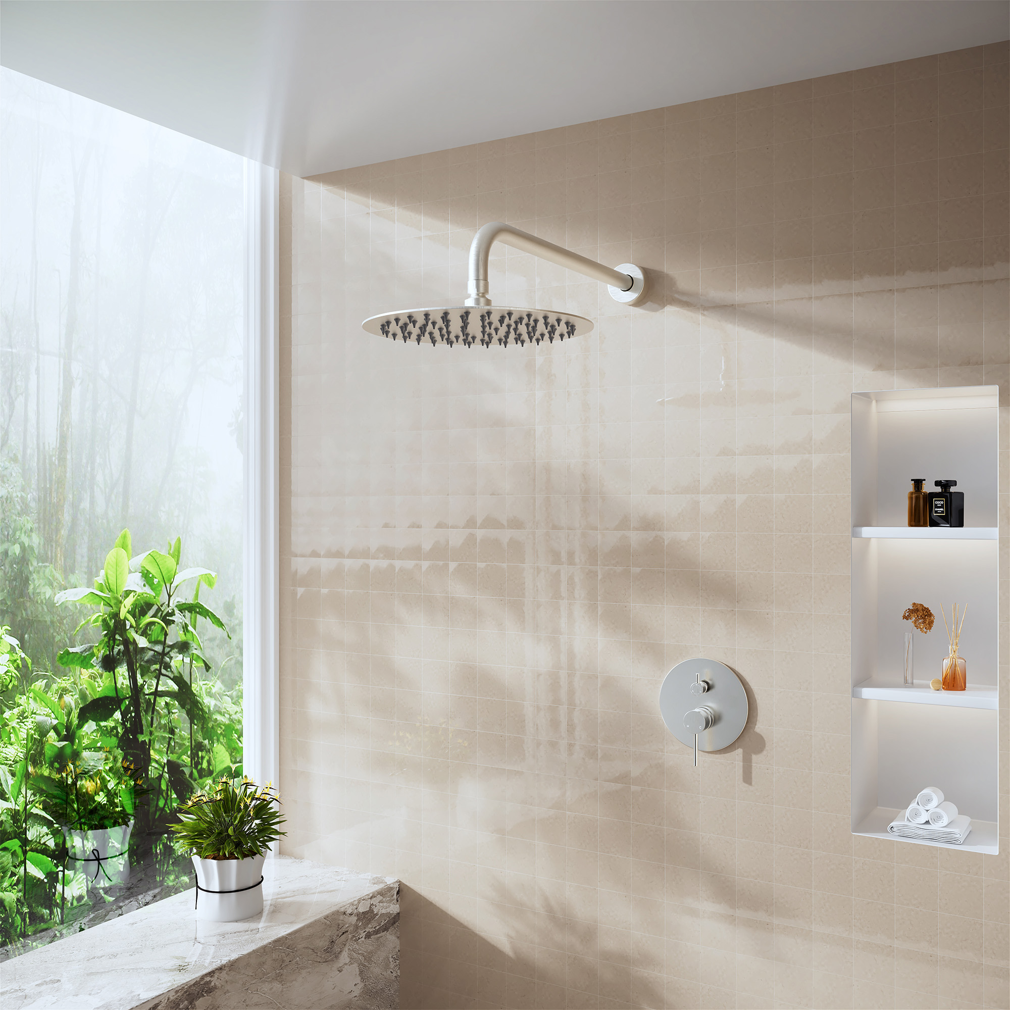 15.75" Stainless Steel Wall Mounted Round Shower Arm with Flange for Rain Shower Head in Matte Black/Brushed Nickel