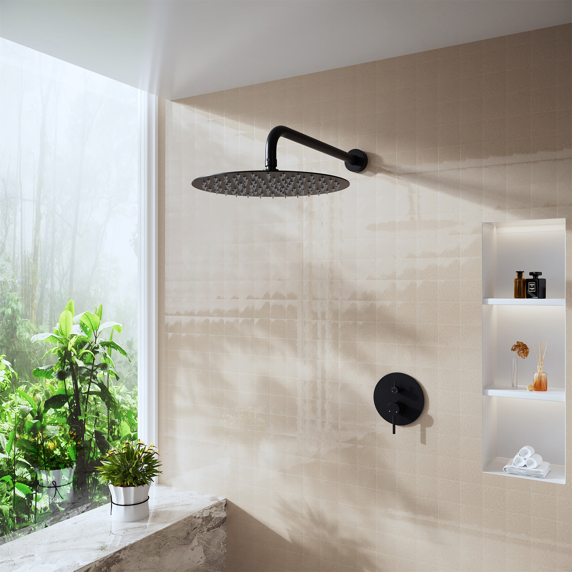 15.75" Stainless Steel Wall Mounted Round Shower Arm with Flange for Rain Shower Head in Matte Black/Brushed Nickel