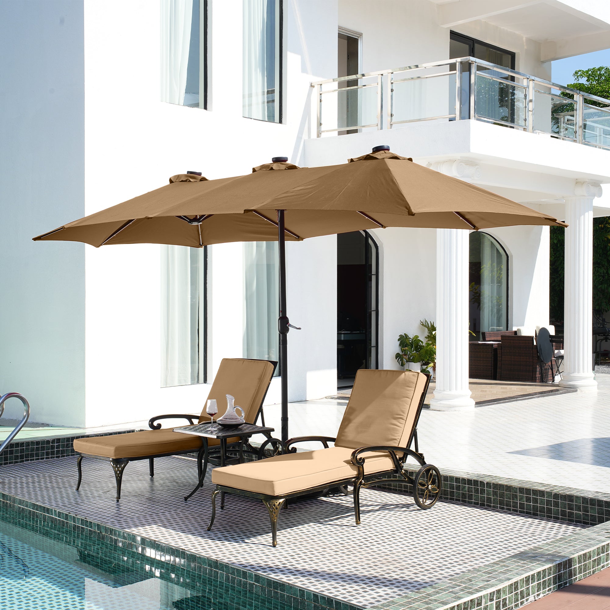 3-Piece Cast Aluminum Outdoor Chaise Lounge with Side Table and Beige/Red Cushion