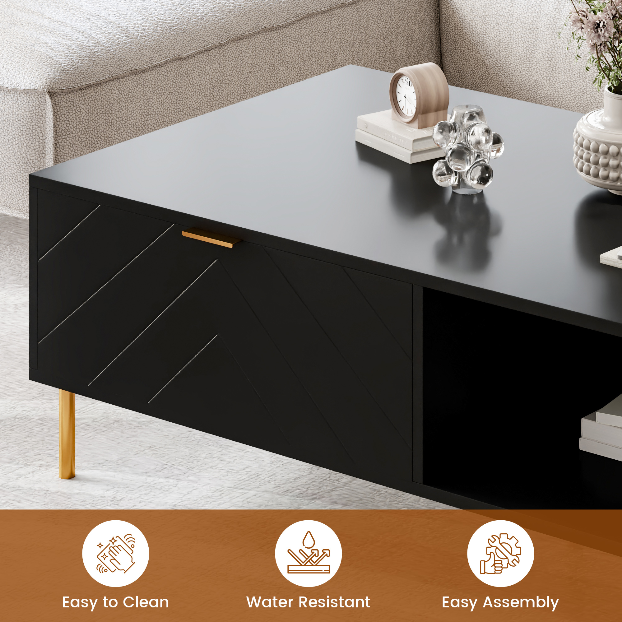 Mid-Century Modern Coffee Table, 48" Rectangle Coffee Table with Double Drawers, Gold Metal Decor, Center Table for Living Room,White