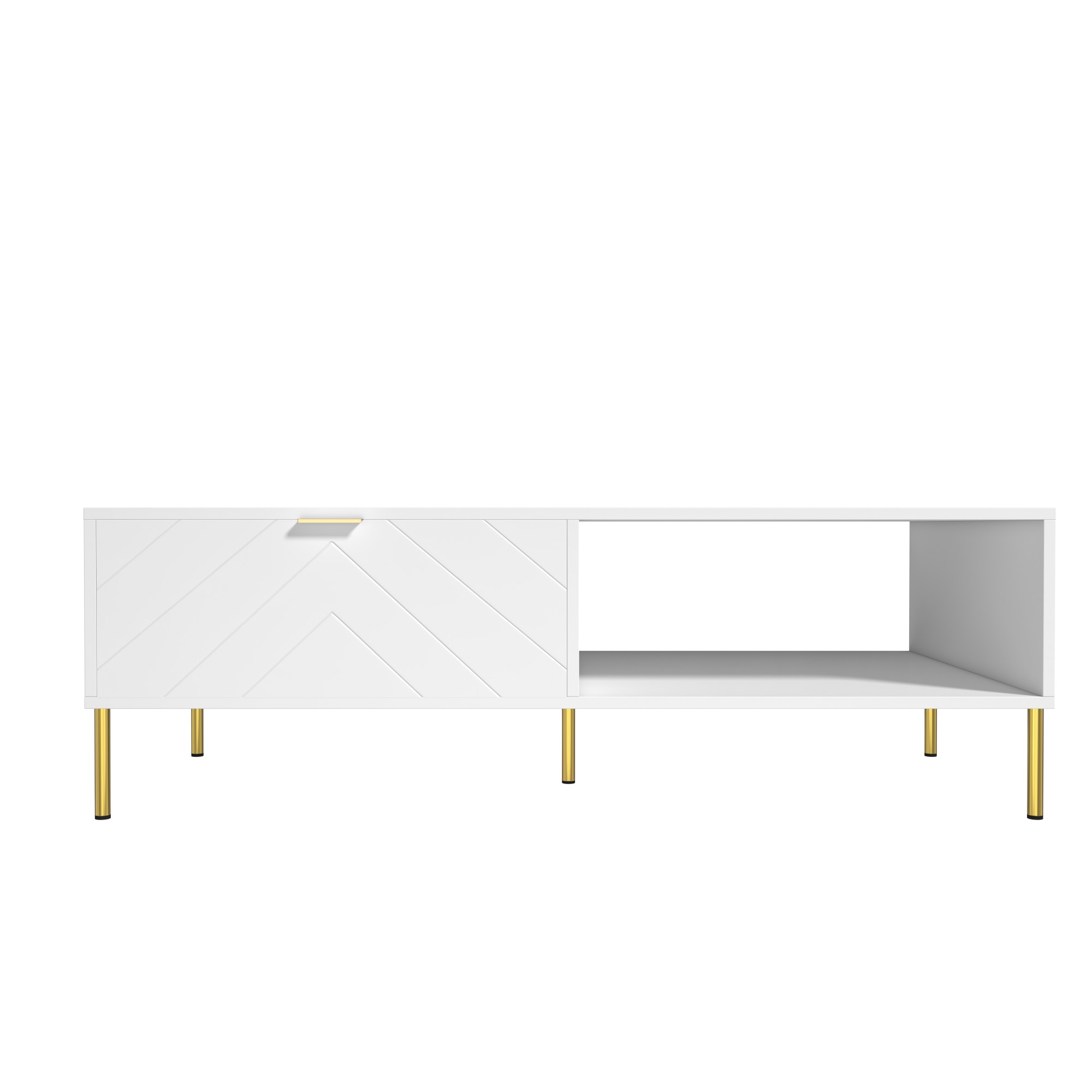 Mid-Century Modern Coffee Table, 48" Rectangle Coffee Table with Double Drawers, Gold Metal Decor, Center Table for Living Room,White