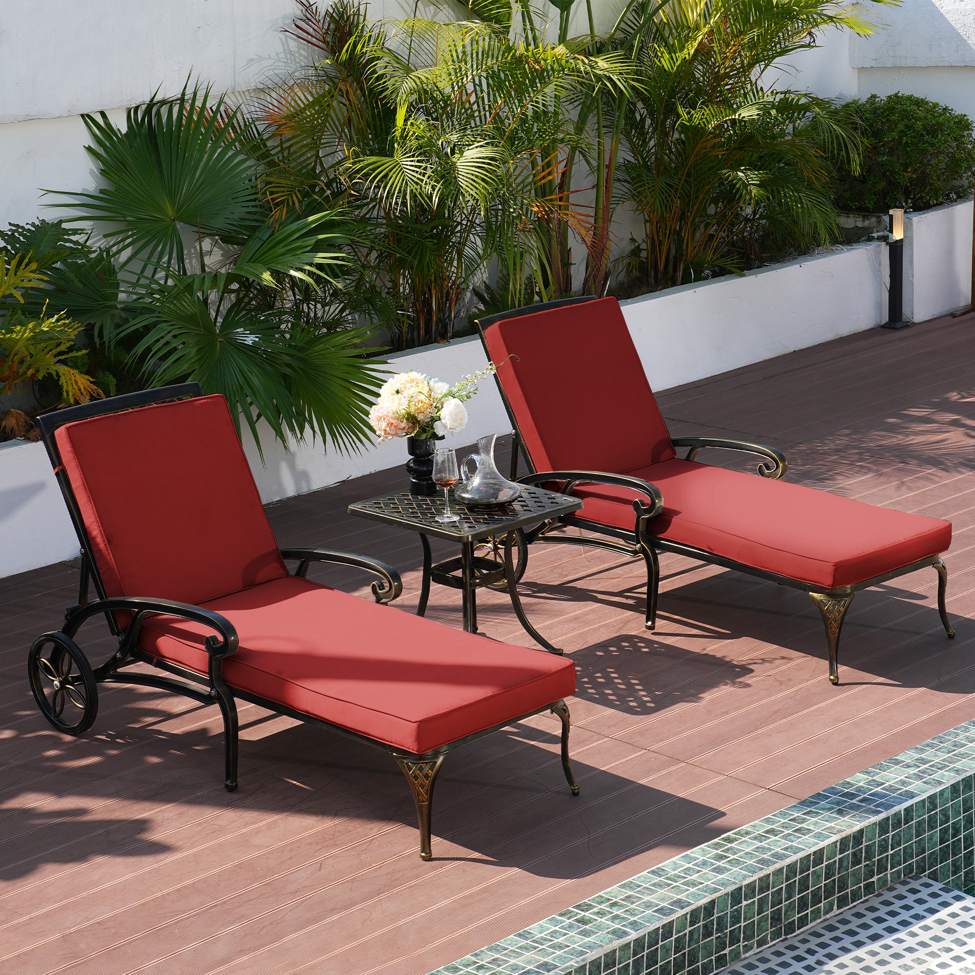 3-Piece Cast Aluminum Outdoor Chaise Lounge with Side Table and Beige/Red Cushion