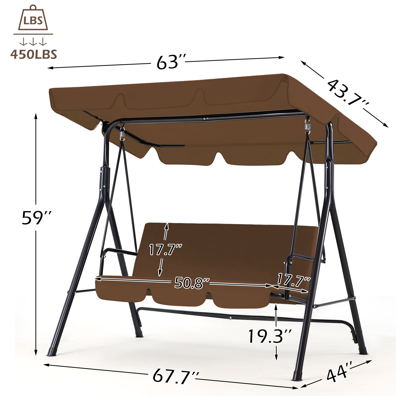 3-Person Steel Frame Outdoor Patio Porch Swing Chair in Beige/Navy Blue/Red/Brown/Dark Gray With Adjustable Canopy