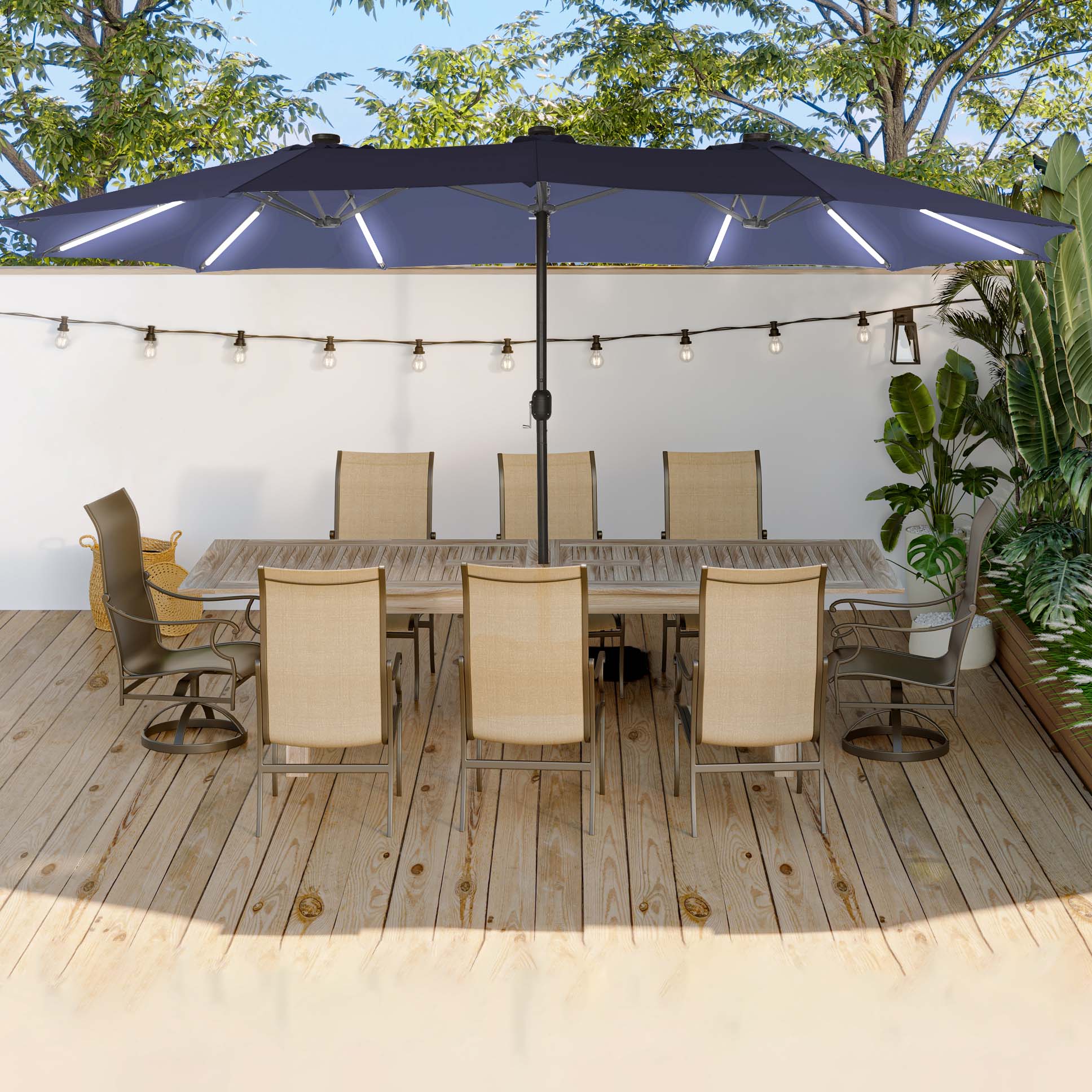 15ft Double-Sided Outdoor Umbrella with Solar String Lights & Base