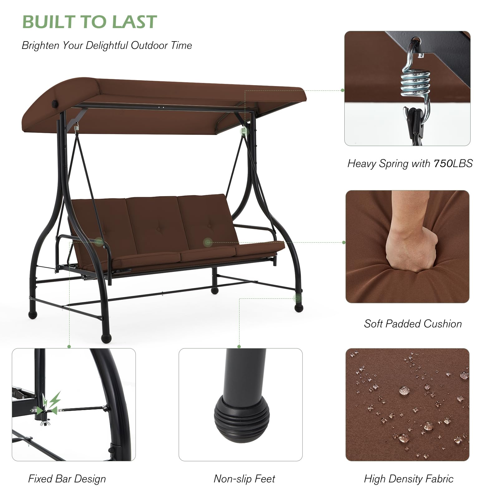 3-Seat Heavy-Duty Metal Patio Swing With Plush Black/Brown/Navy Blue/Red Cushions – Perfect For Relaxing Outdoors