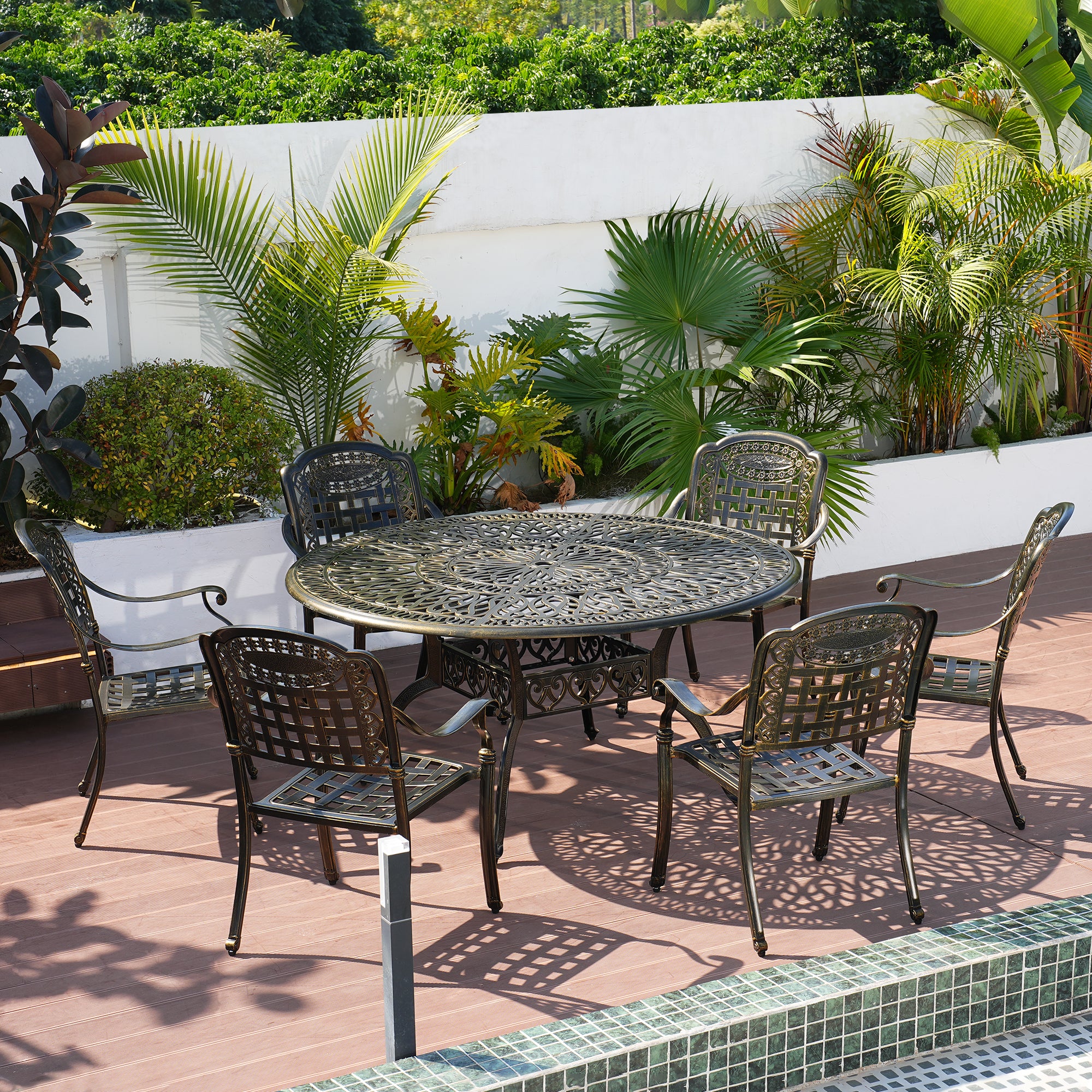 Cast Aluminium Patio Chairs Set of 2 White/Bronze Aluminum Frame Stationary Dining Chair with Mesh Seat