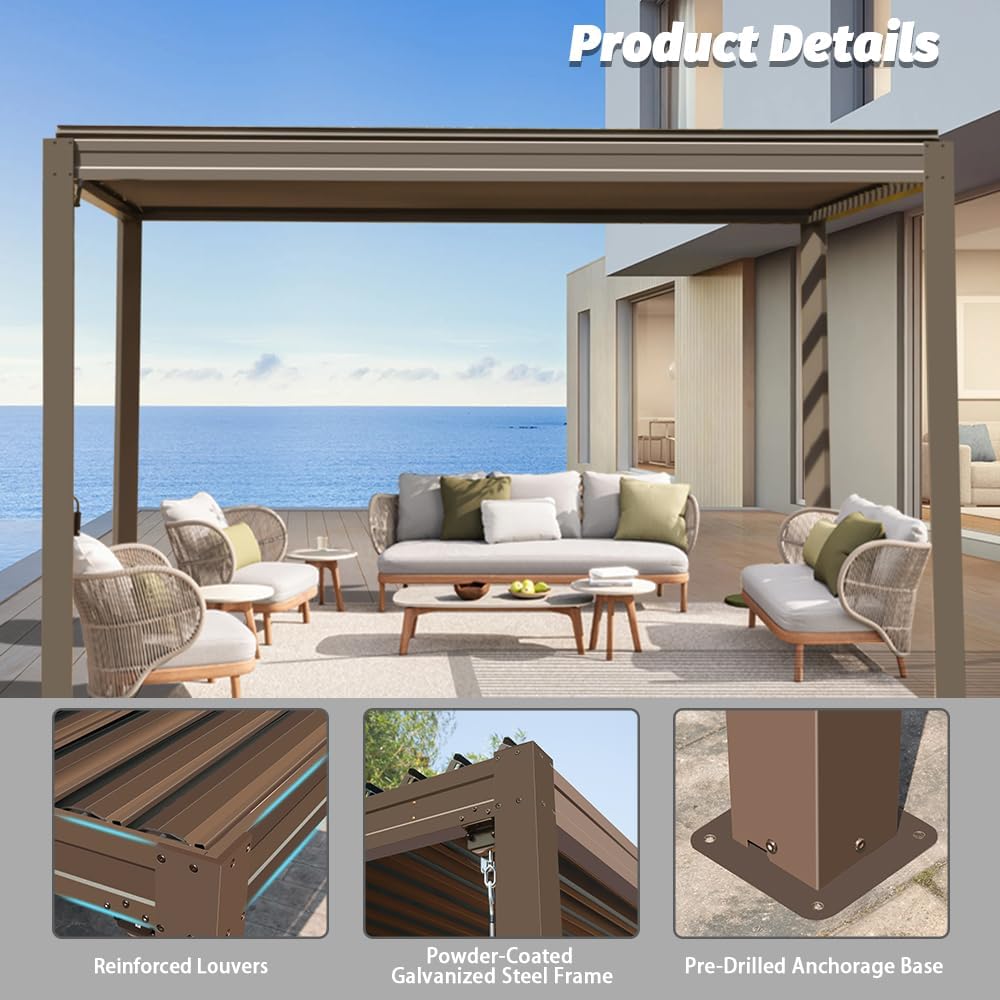 Louvered Pergola 10X10FT, Wood Grain Aluminum Pergola with Adjustable Roof, Wood Looking Aluminum Frame, Efficient Drainage System, Outdoor Pergola for Patio, Deck, Garden