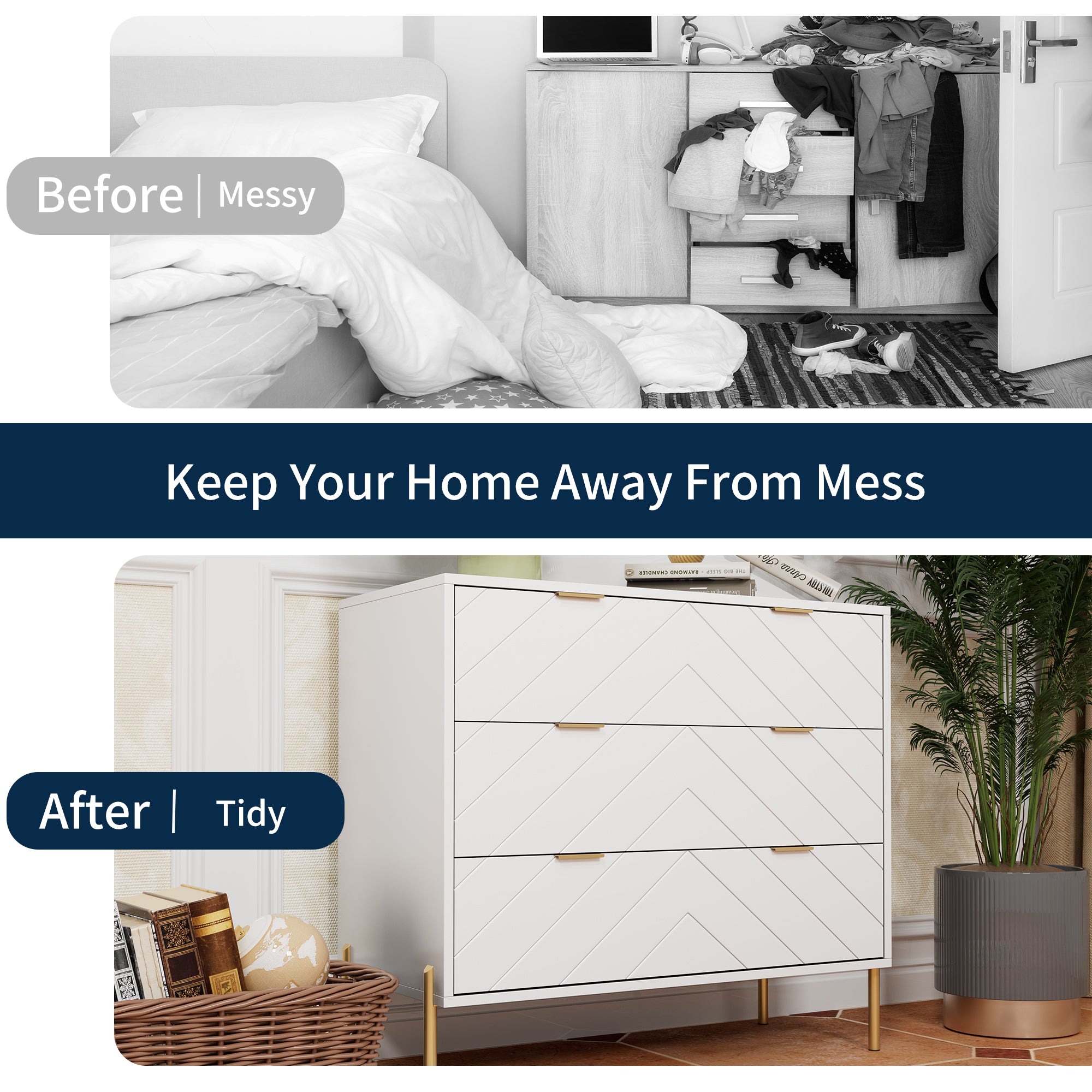 3-Drawer Storage Chest Dresser for Bedroom White/Black/Blue/White，Suitable for corridors and living rooms