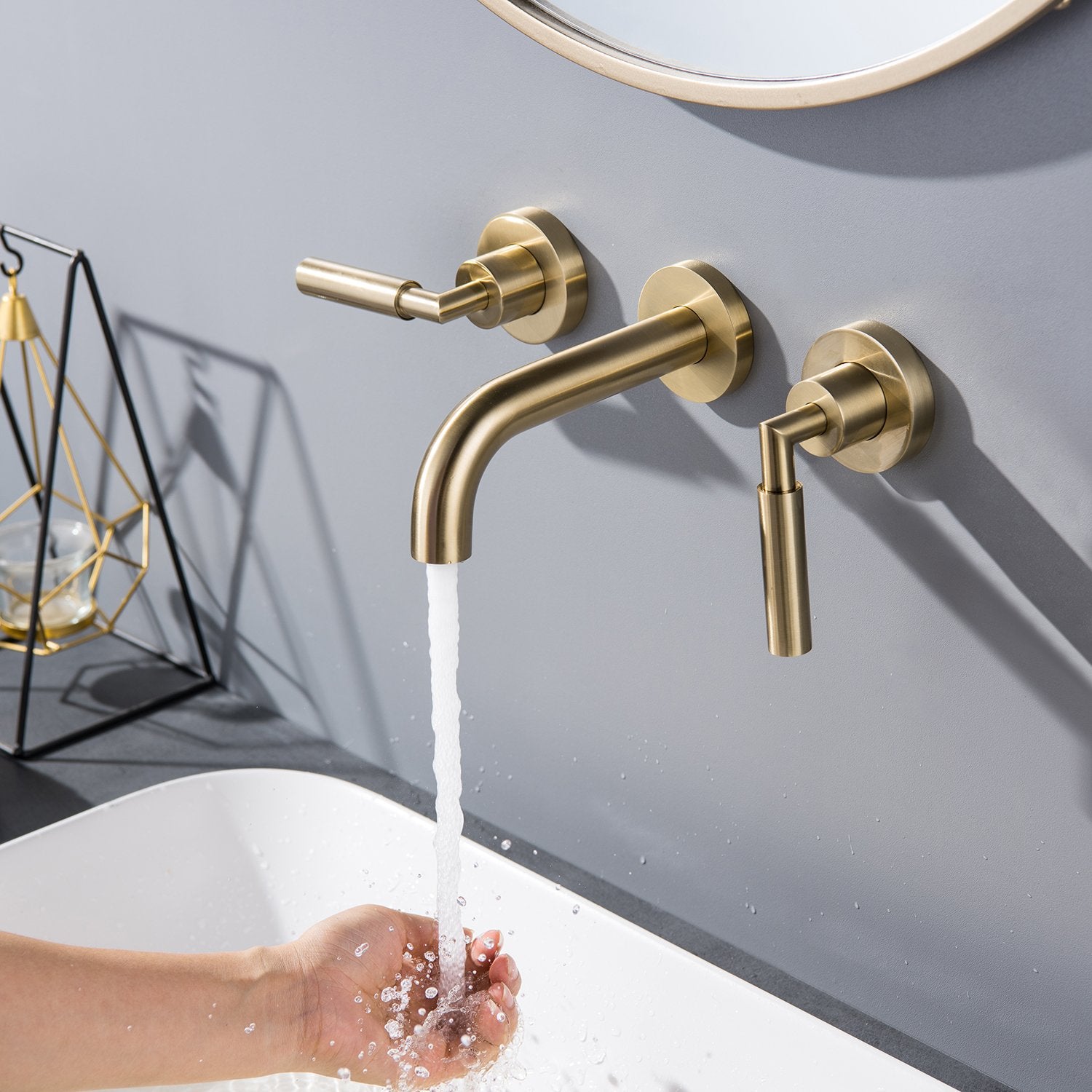Modern 2-Handle 3-Hole Brass Wall Mounted Bathroom Faucet in Brushed Gold