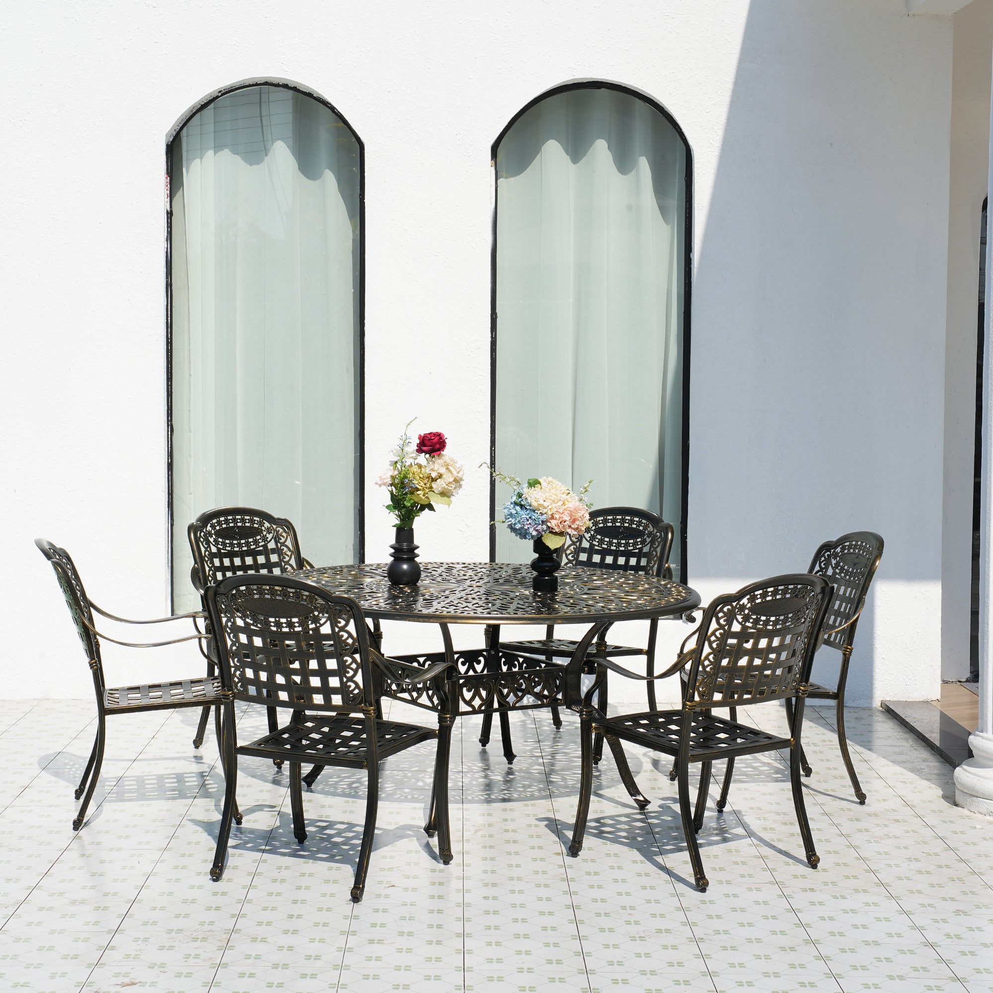 Cast Aluminium Patio-Set 7-Piece Bronze Patio Dining Set Aluminum Round Table with 6 Stationary Chairs, Suitable for backyards, patios, balconies and gardens