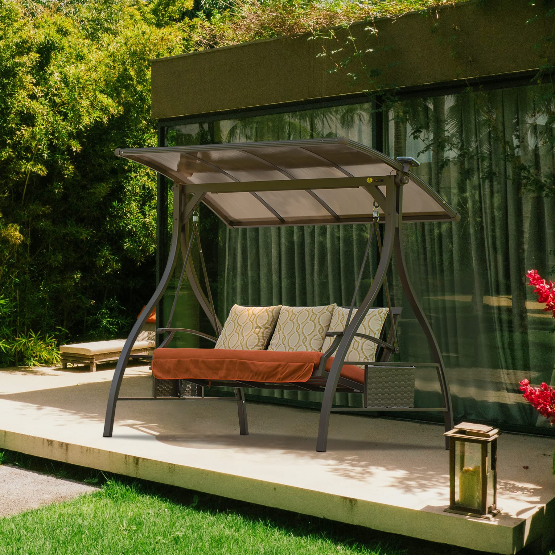 3-Person Patio Porch Swing Chair with Adjustable Canopy Solar LED Light Glider and Sunbrella Cushions Deluxe Hammock Swing for Outdoor Garden Balcony Backyard