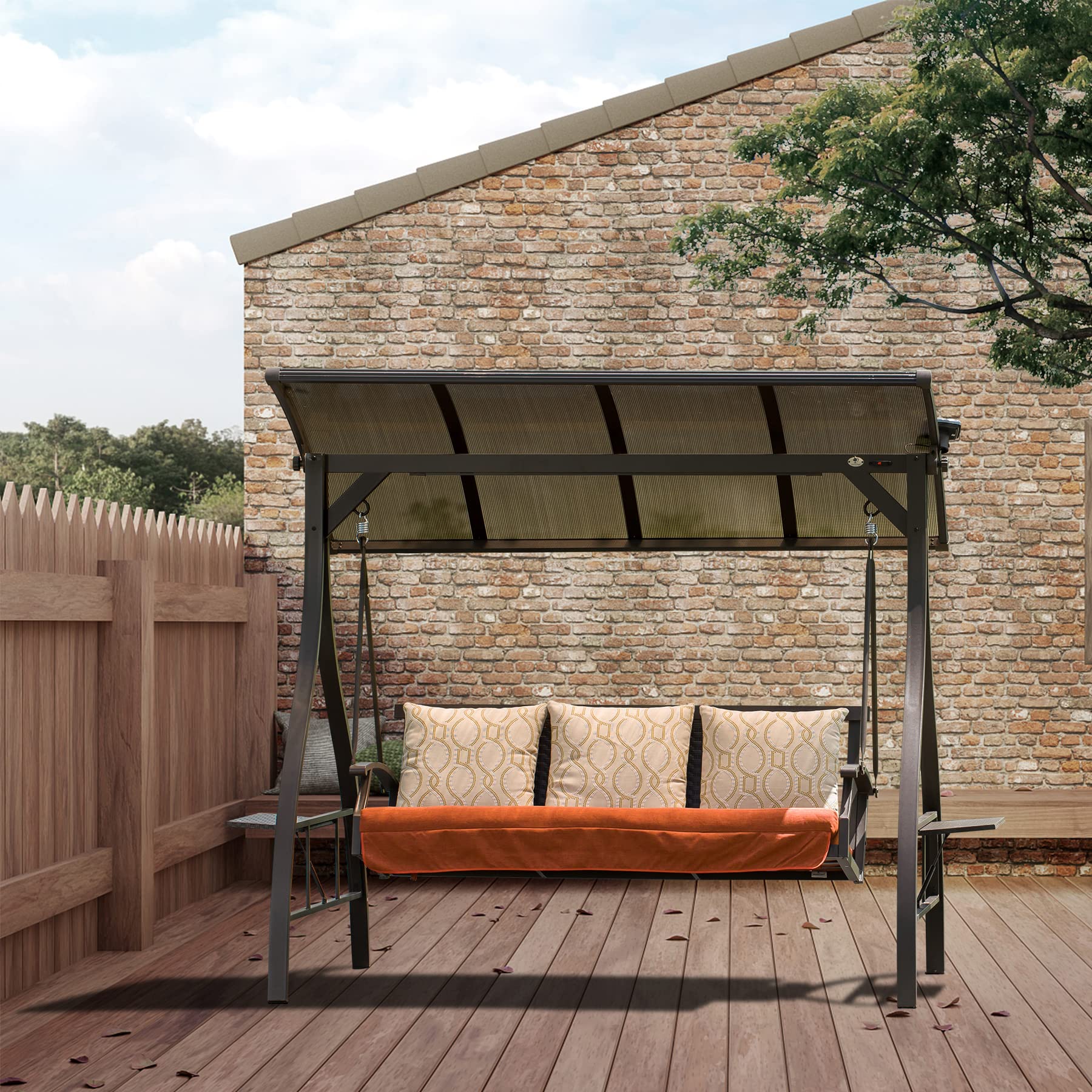 3-Person Patio Porch Swing Chair with Adjustable Canopy Solar LED Light Glider and Sunbrella Cushions Deluxe Hammock Swing for Outdoor Garden Balcony Backyard