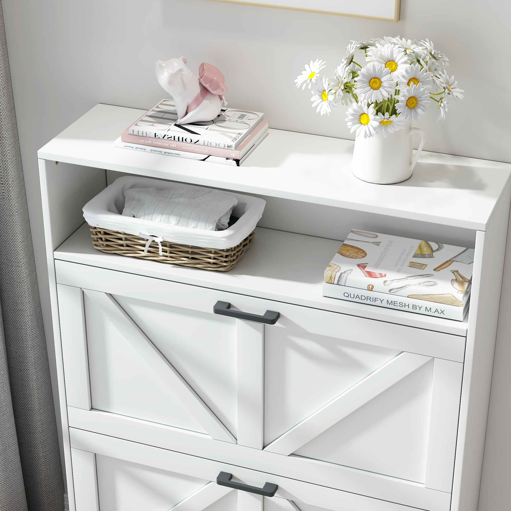 Farmhouse Shoe Storage Cabinet with Barn Door Design, Shoe Organizer with 2 Flip Drawers, Freestanding Narrow Shoe Rack Cabinet with Open Storage for Entryway,Foyer,Hallway,(Antique White/Natural Wood) 