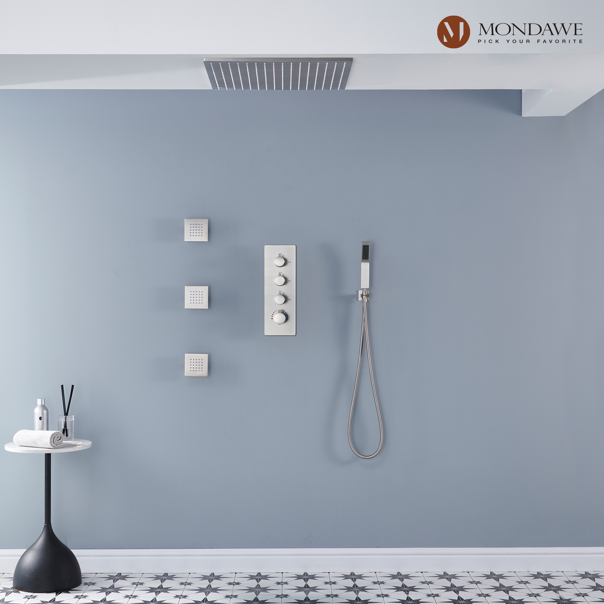 20 Inch Ceiling Mounted Rain Shower Head System Luxury 3-Spray Patterns Thermostatic Shower Faucets Sets Complete with 3-Function Shower Head and Solid Brass Handshower-Mondawe