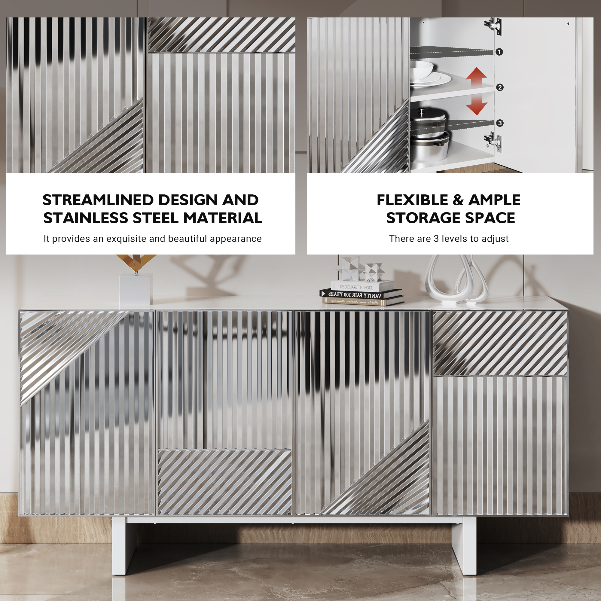 62.99-in W 4-Door White/Silver Accent Cabinet