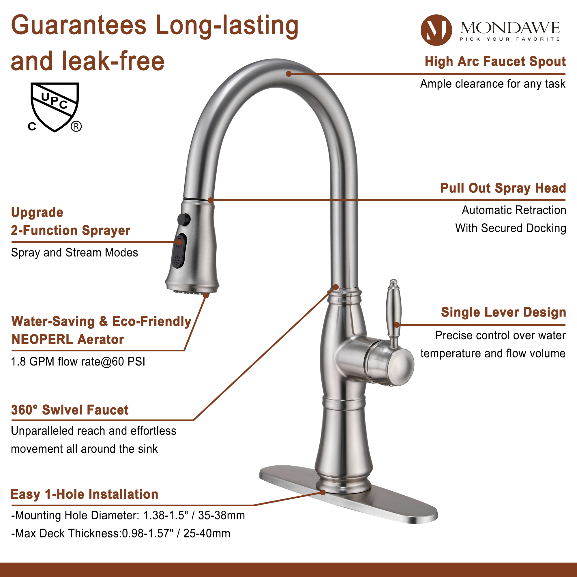 Mondawe Retro Tulip High Arc Pull Down Single Handle Deck Mount Kitchen Faucet-Mondawe