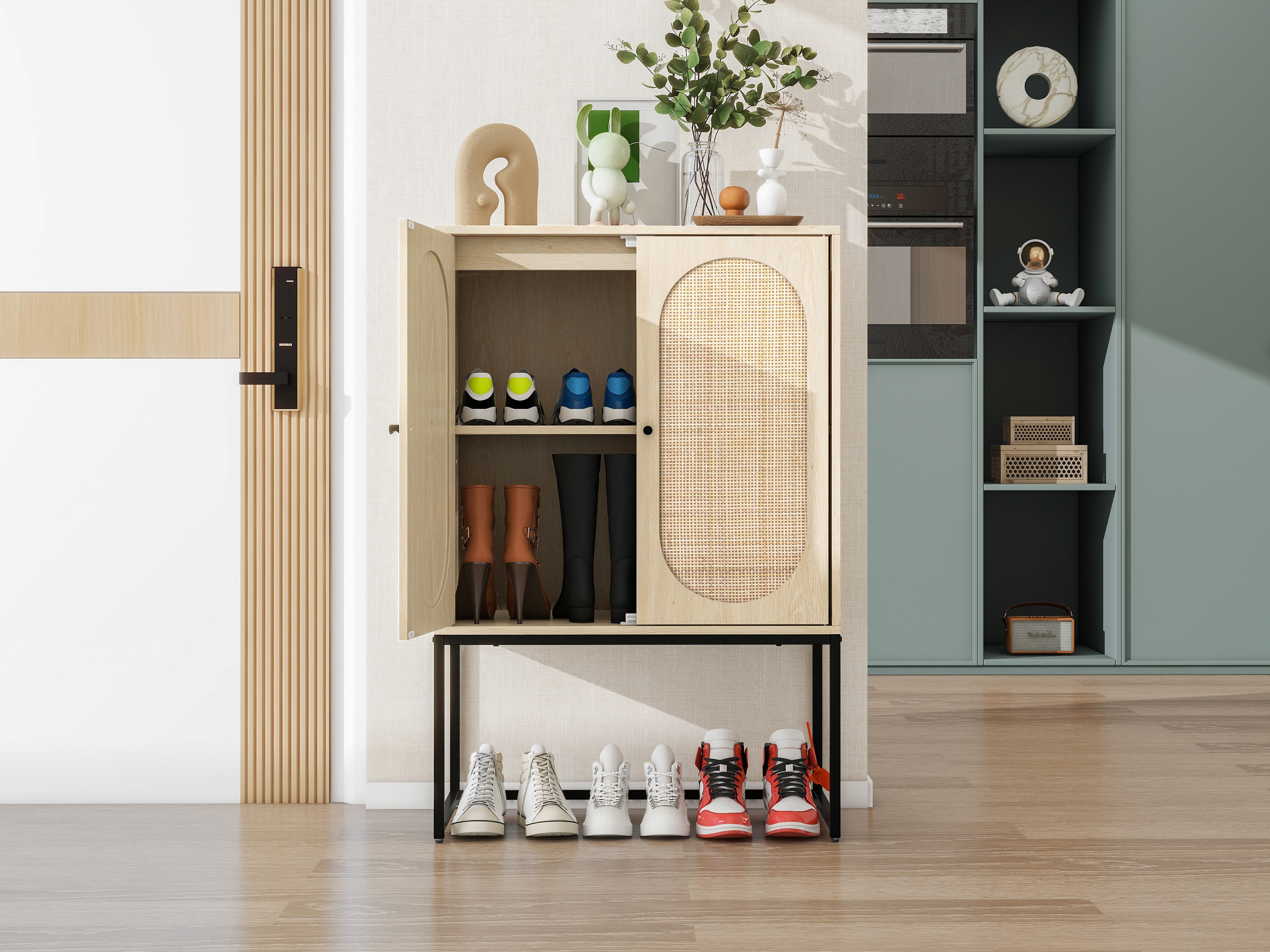 Allen 2 Door high cabinet, rattan, Built-in adjustable shelf, Easy Assembly, Free Standing Cabinet for Living Room Bedroom 