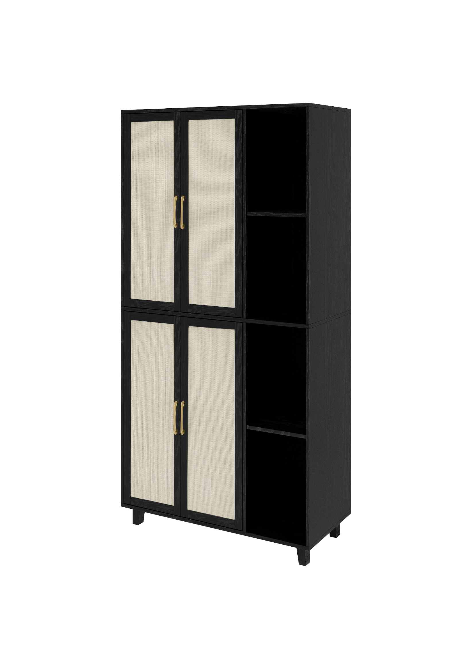4 Door Cabinet with 4 Shelves with 4 Adjustable Inner Shelves, Storage Cabinet,  Black / Natural 