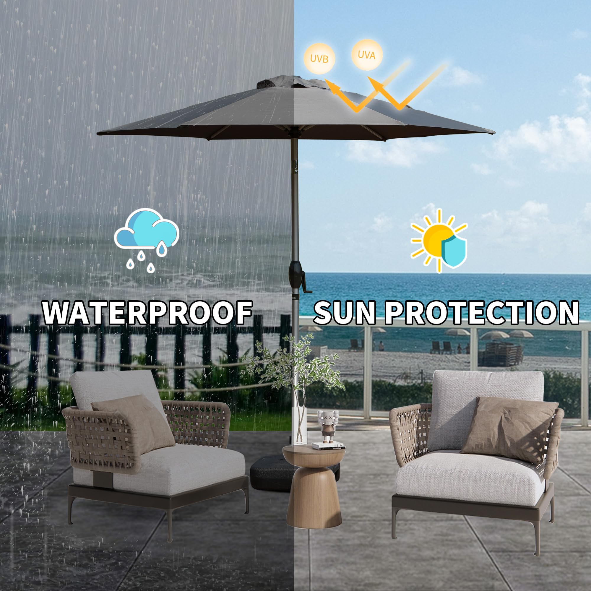 7.5FT Patio Umbrella, Outdoor Table Umbrella with Push Button Tilt and Crank, UV Protection Waterproof Market Sun Umbrella with 8 Sturdy Ribs for Garden, Deck, Backyard, Pool (Beige/Brick red/Navy Blue/Gray)