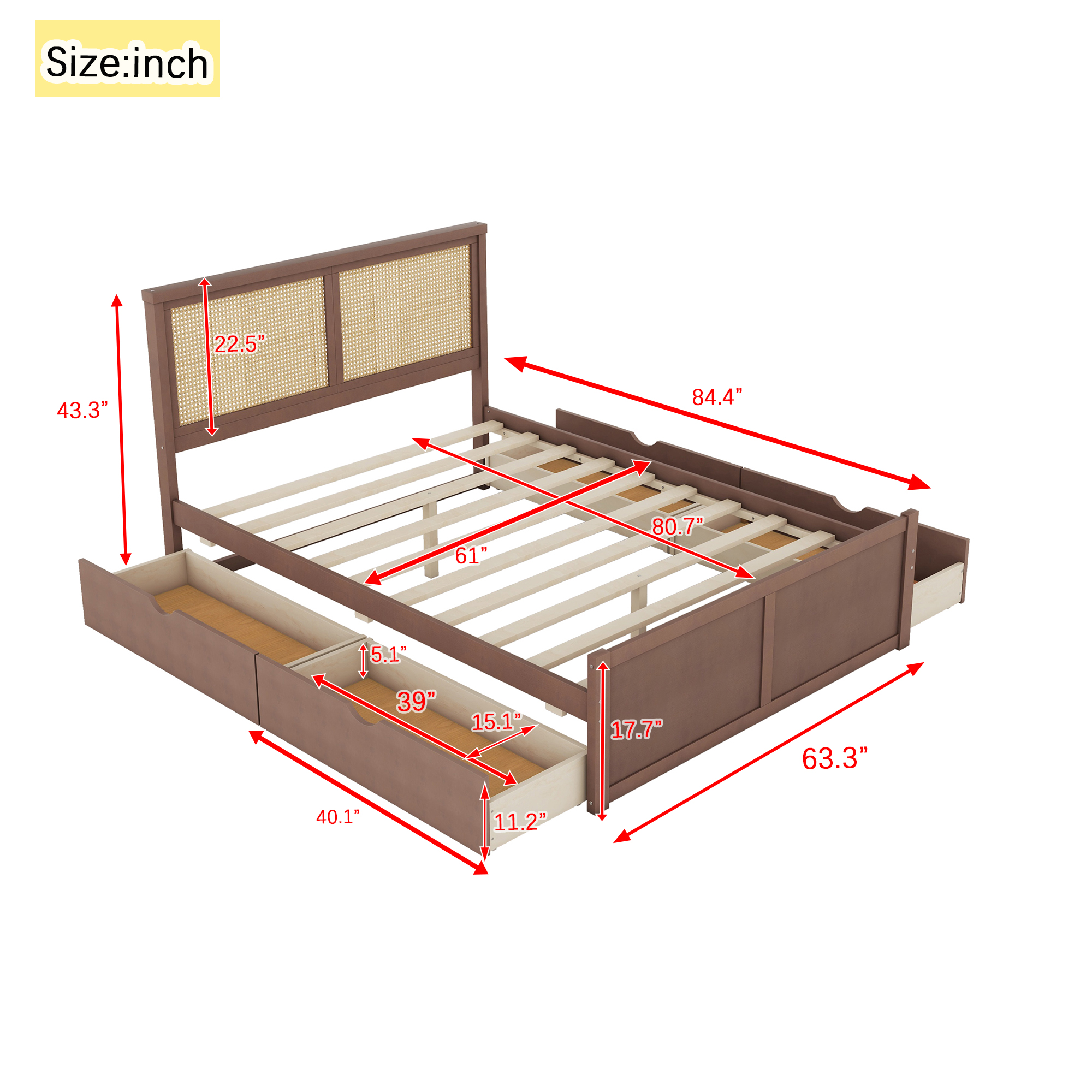 Queen/Full Size Wood Storage Platform Bed with 4 Drawers, Rattan Headboard, Espresso/Nature 