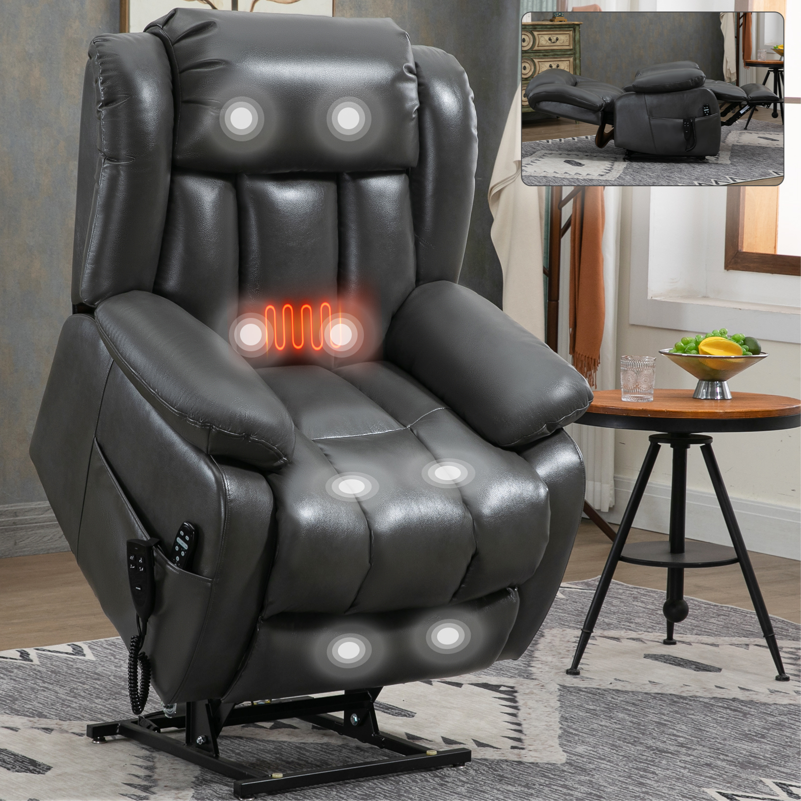 Dual Motor Infinite Position Up to 350 LBS Electric Medium size Brown/Gray/Black/Antique Brown Power Lift Recliner Chair with 8-Point Vibration Massage and Lumbar Heating