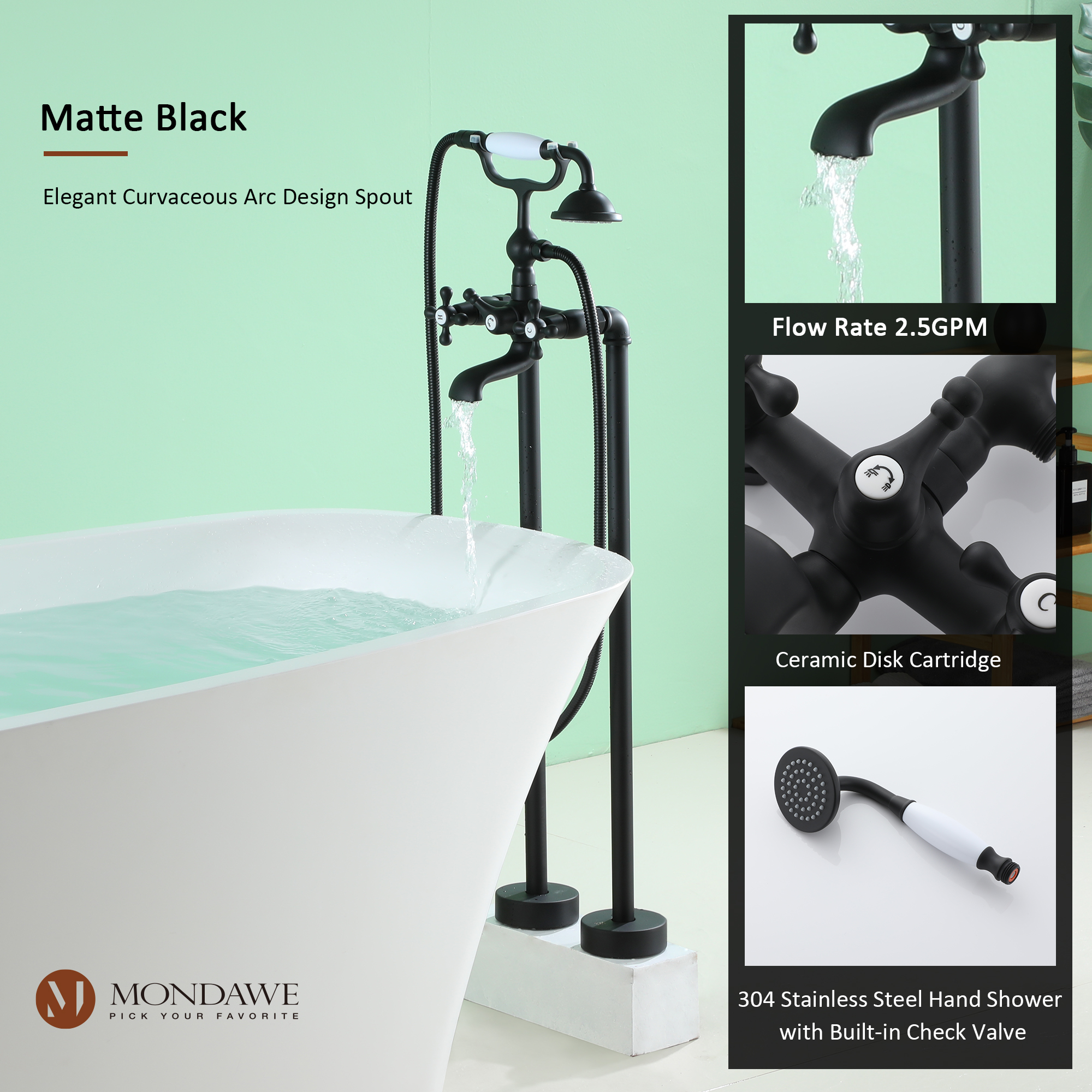 Mondawe 3-Handle Traditional Freestanding Bathtub Faucet(Matte Black)-Mondawe