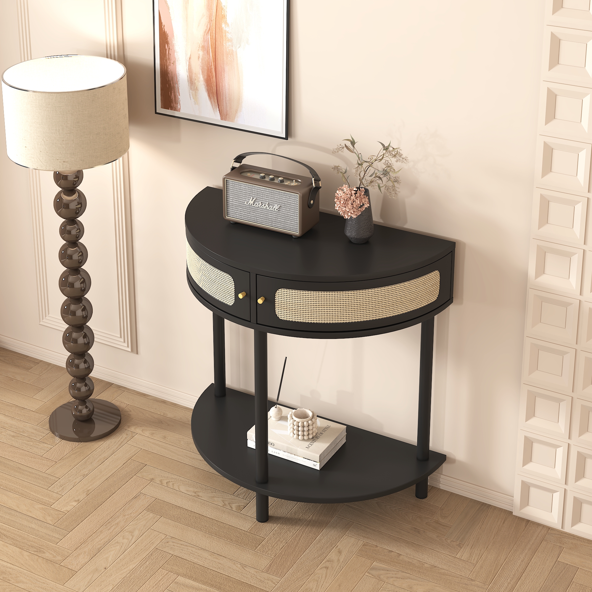 Unique Half Moon Design End Table with Sliding Rattan Door,Elegant Semi-circle Entryway Console Table with 2 Rattan Storage Cabinet and Bottom Shelf for Living room, Bedroom, Study, Hallway 