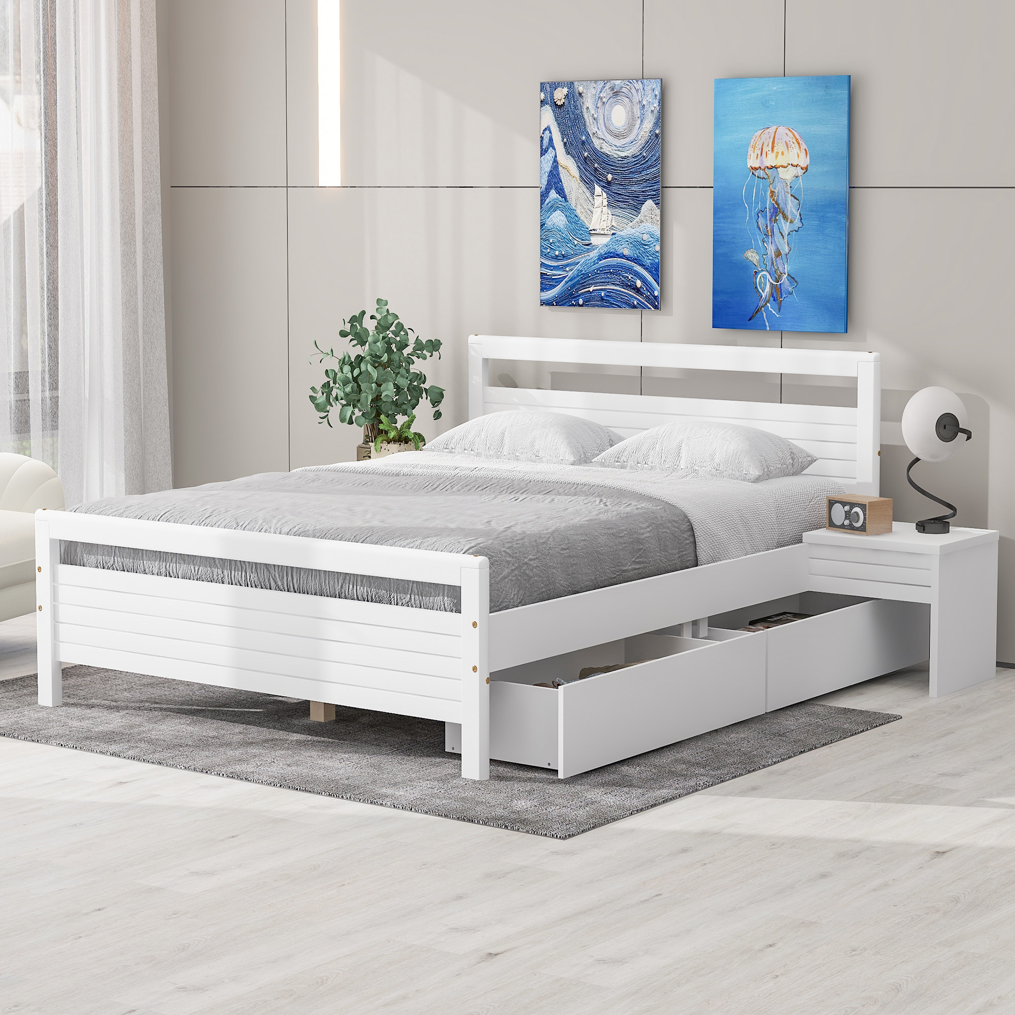 Queen Size Wooden Platform Bed with 2 Storage Drawers and 2 bedside tables, Gray/White 