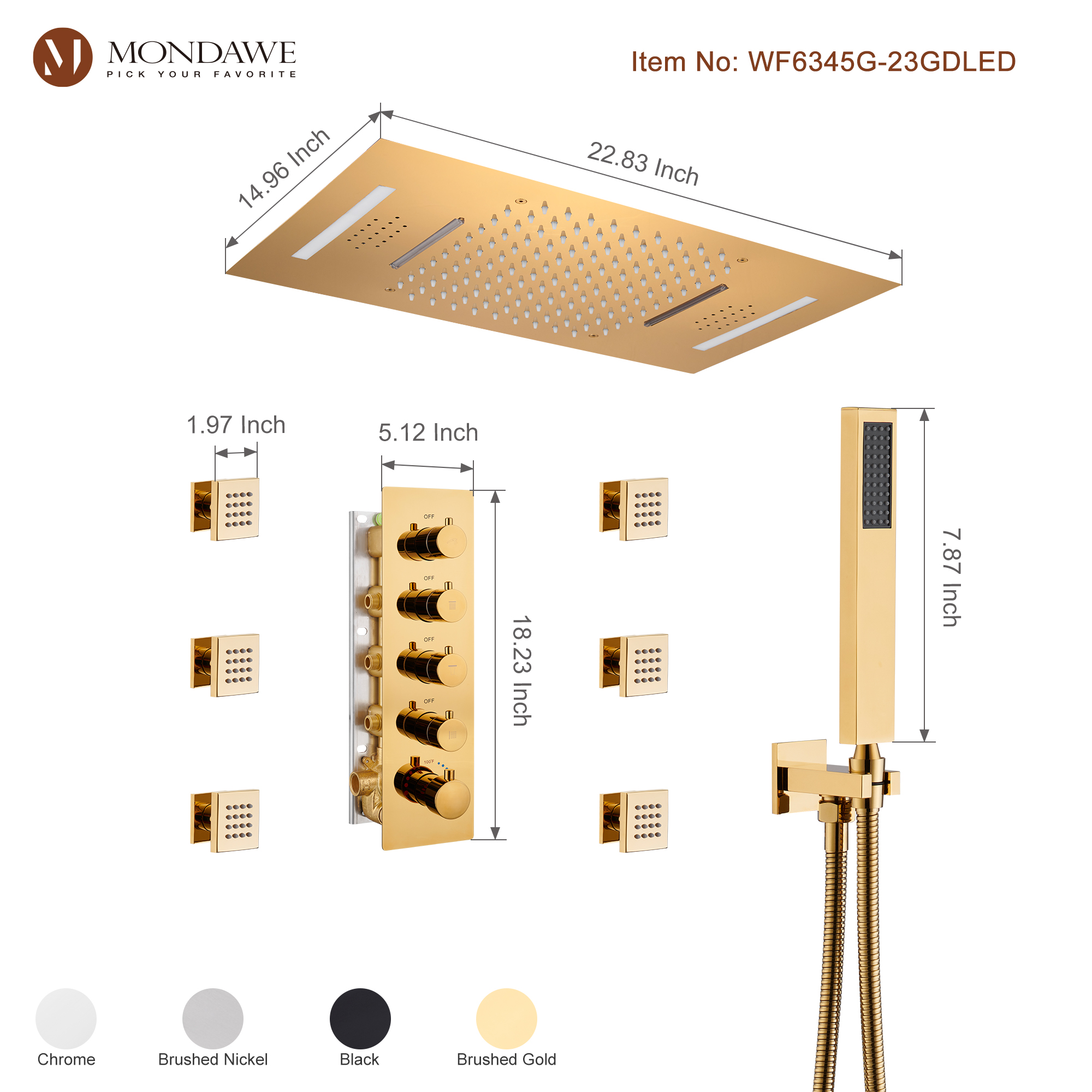 Mondawe Luxury 4-Way Thermostatic Shower System with LED and Music Player-Mondawe