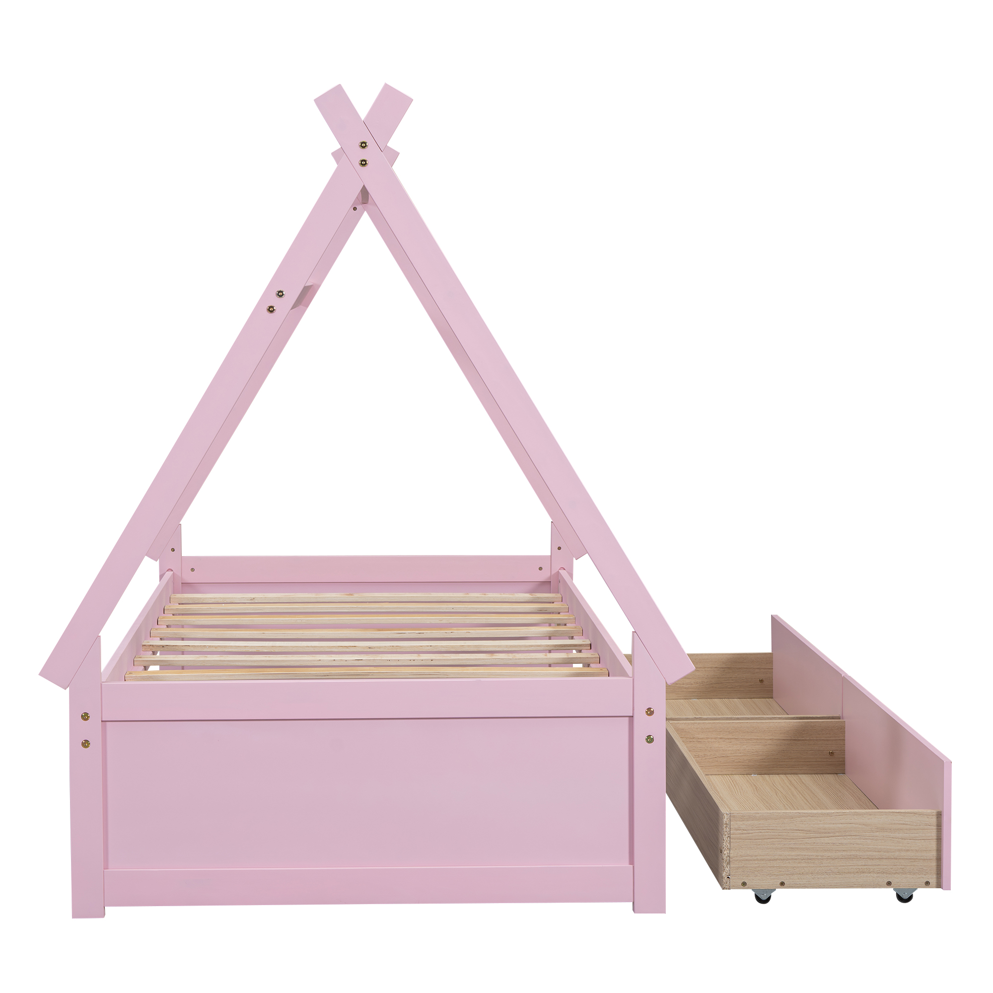 Twin Size House Platform Bed with Two Drawers,Headboard and Footboard, White/Pink 