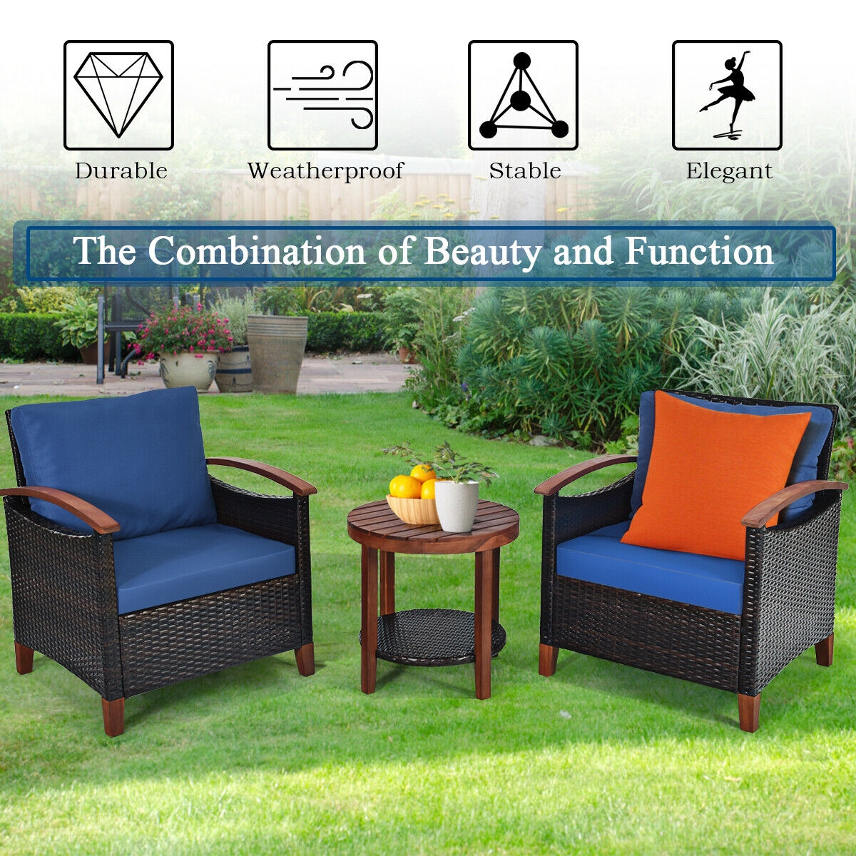 Mondawe 3 PCS Solid Wood Frame Patio Rattan Furniture Set-Mondawe