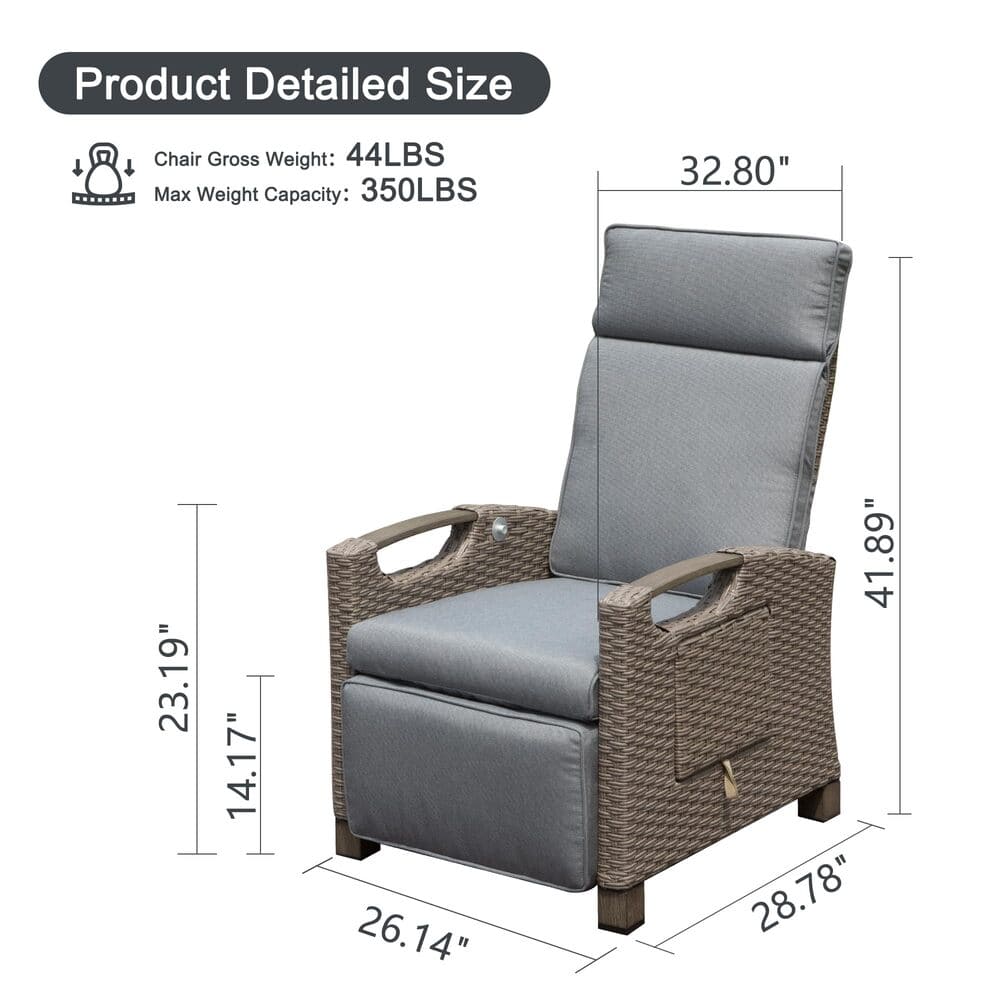 Outdoor Recliner Chair, Patio Recliner with Hand-Woven Wicker, Flip Table Push Back, Adjustable Angle, Thickness Cushions