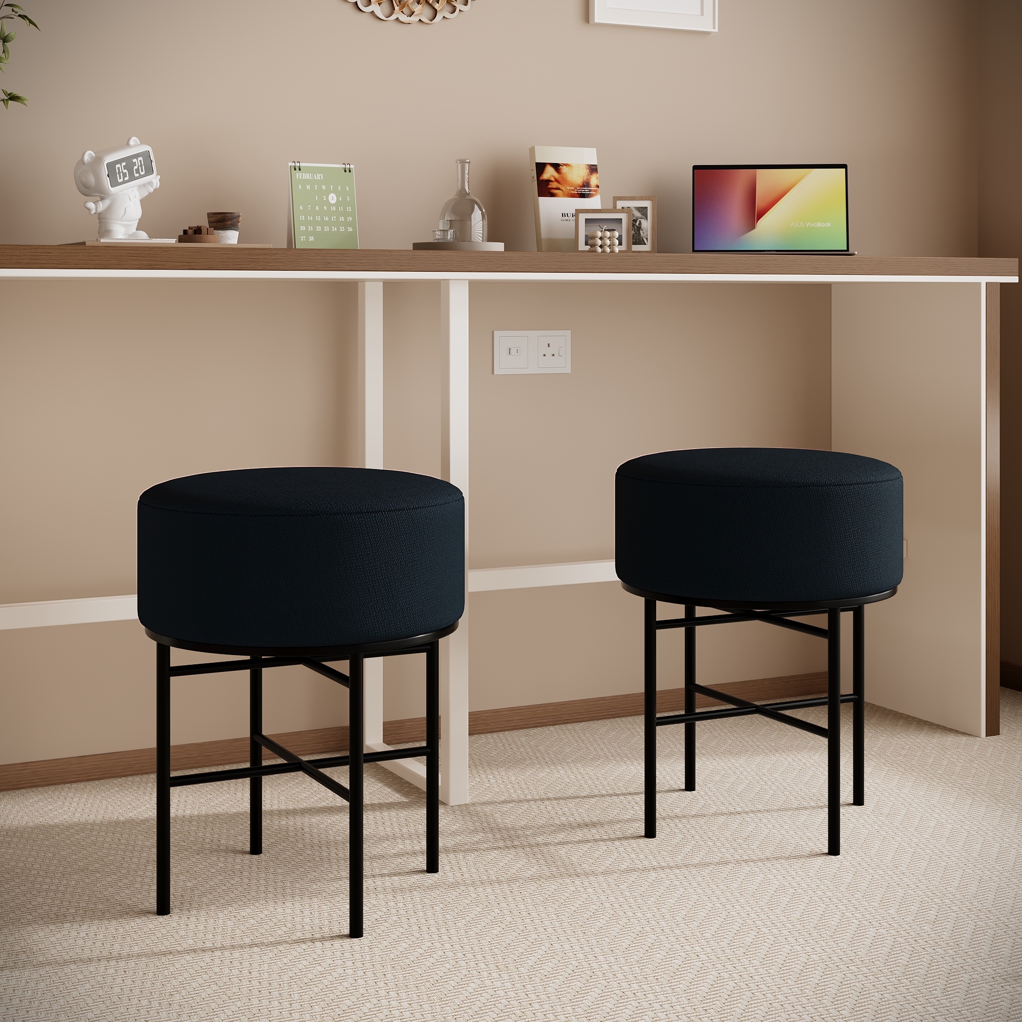 2 pcs Round Cushioned Vanity Stool, Linen Upholstered Vanity Stool for Makeup Room, Modern Soft Stool for Bar and Dining, Ottoman Footrest Stool with Metal Legs for Living Room, Bedroom(Matcha Green/Black) 