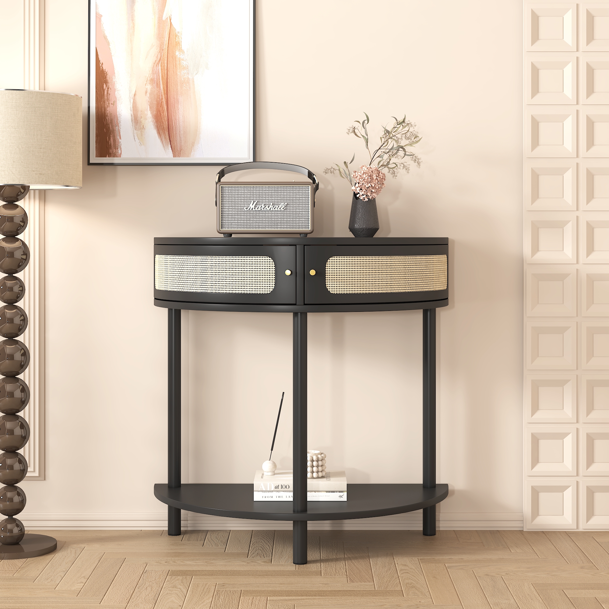 Unique Half Moon Design End Table with Sliding Rattan Door,Elegant Semi-circle Entryway Console Table with 2 Rattan Storage Cabinet and Bottom Shelf for Living room, Bedroom, Study, Hallway 