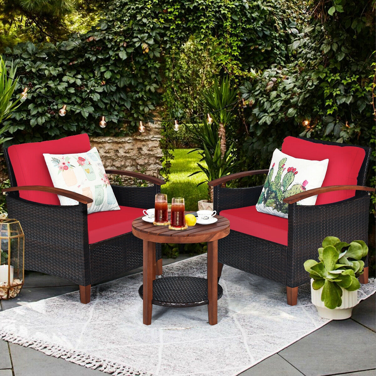 Mondawe 3 Pcs Solid Wood Frame Patio Rattan Furniture Set-Red-Mondawe