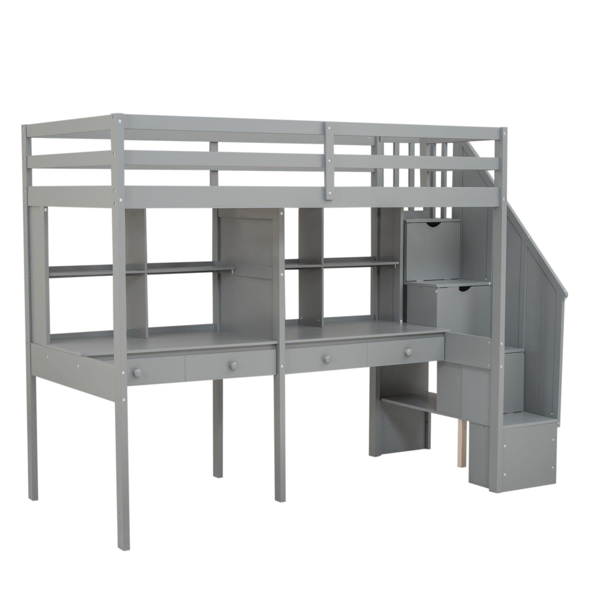 Twin Size Loft Bed Frame with Storage Staircase and Double Desks and Shelves,Gray/White