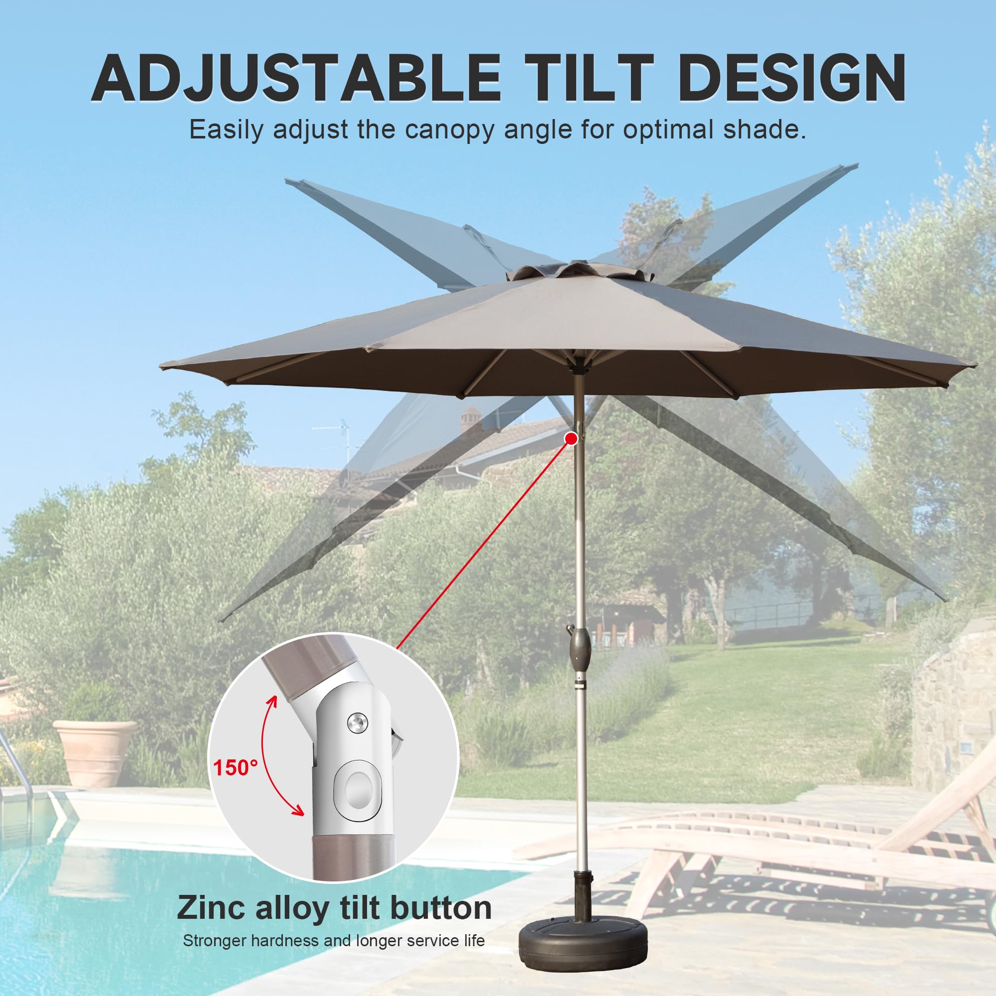 9FT Patio Umbrella, Outdoor Table Umbrella with Push Button Tilt and Crank, UV Protection Waterproof Market Sun Umbrella with 8 Sturdy Ribs for Garden, Deck, Backyard, Pool (Navy Blue/Brick red/Beige/Gray)