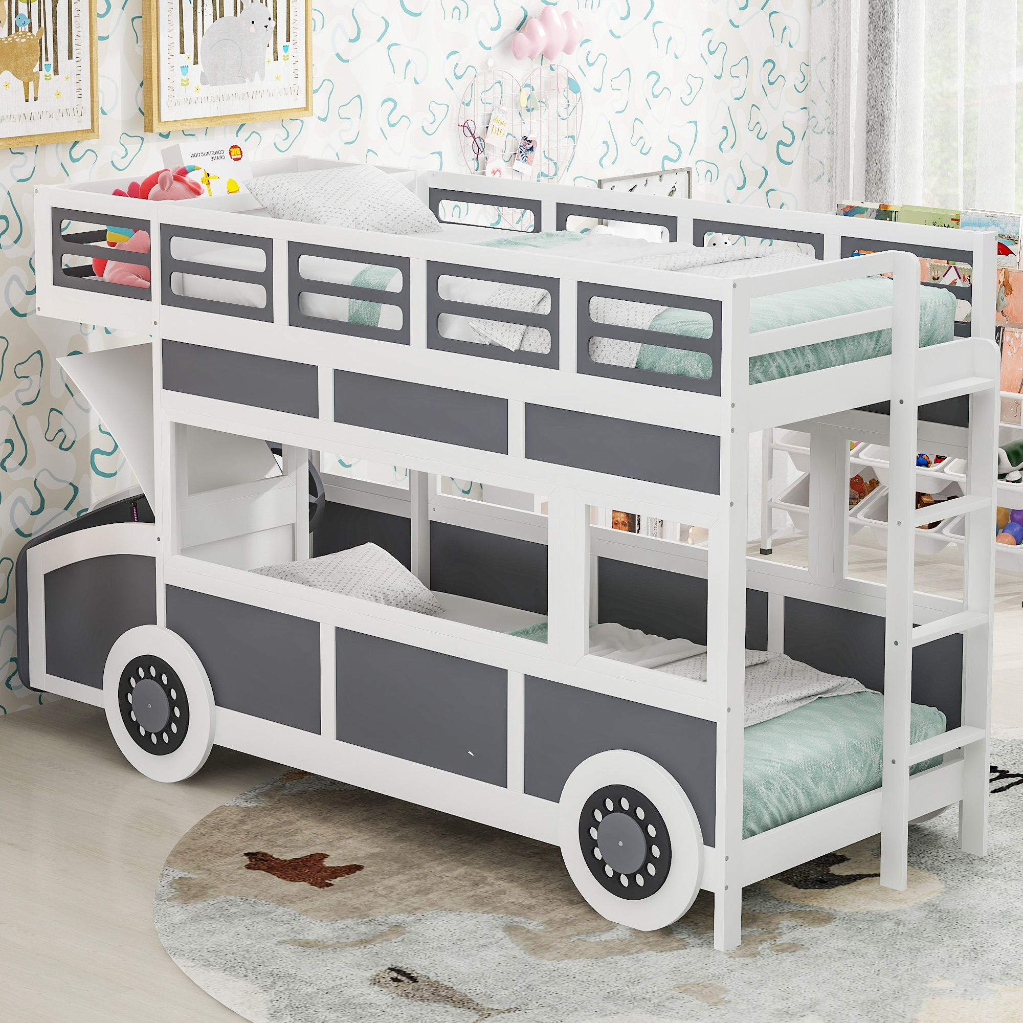 Twin over Twin Bus-shaped Bunk Bed with Wheels and Storage, Gray+White 
