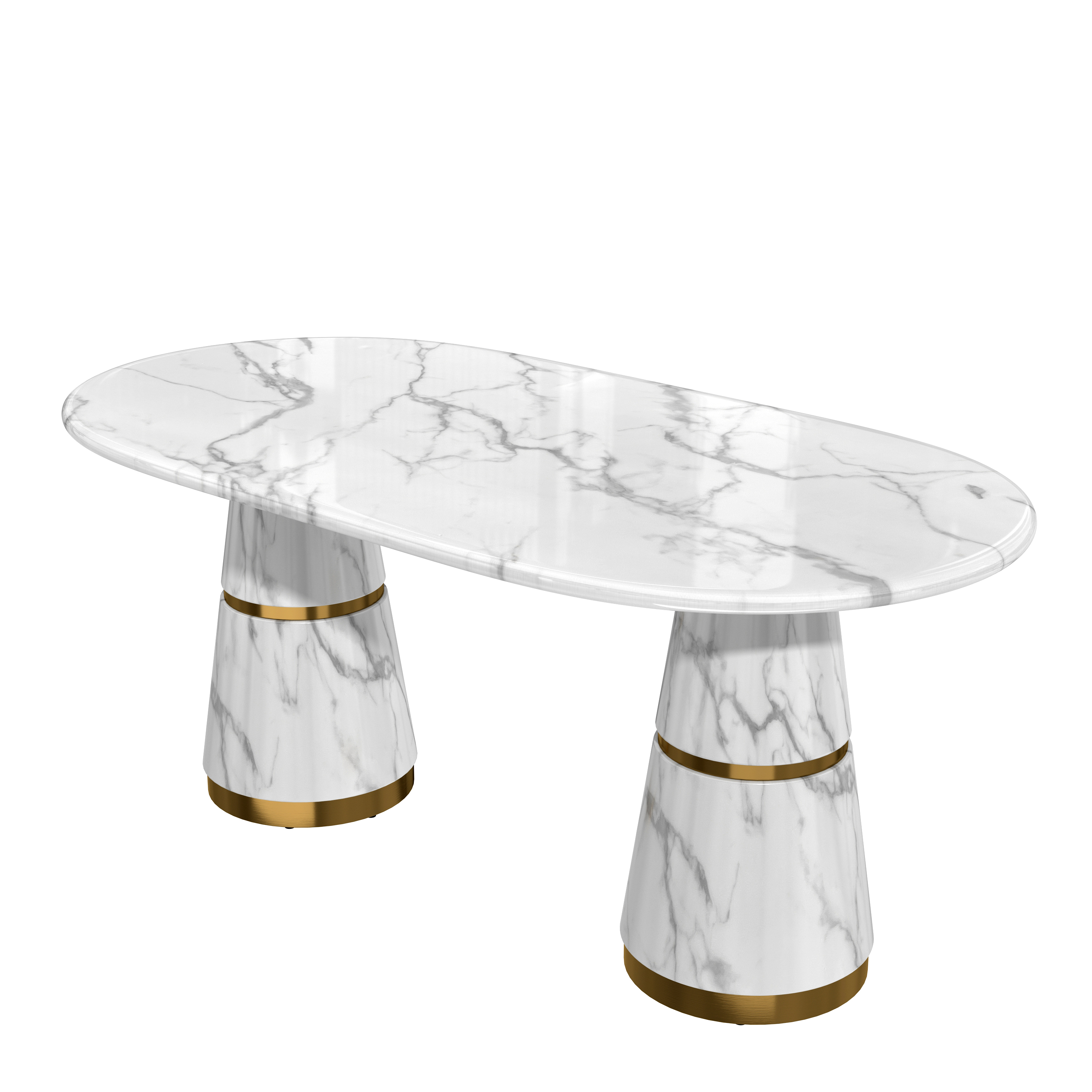 White Marble Top 70 in. W Conical Base Column Dining Table Seats-6 with Adjustable Foot Nails
