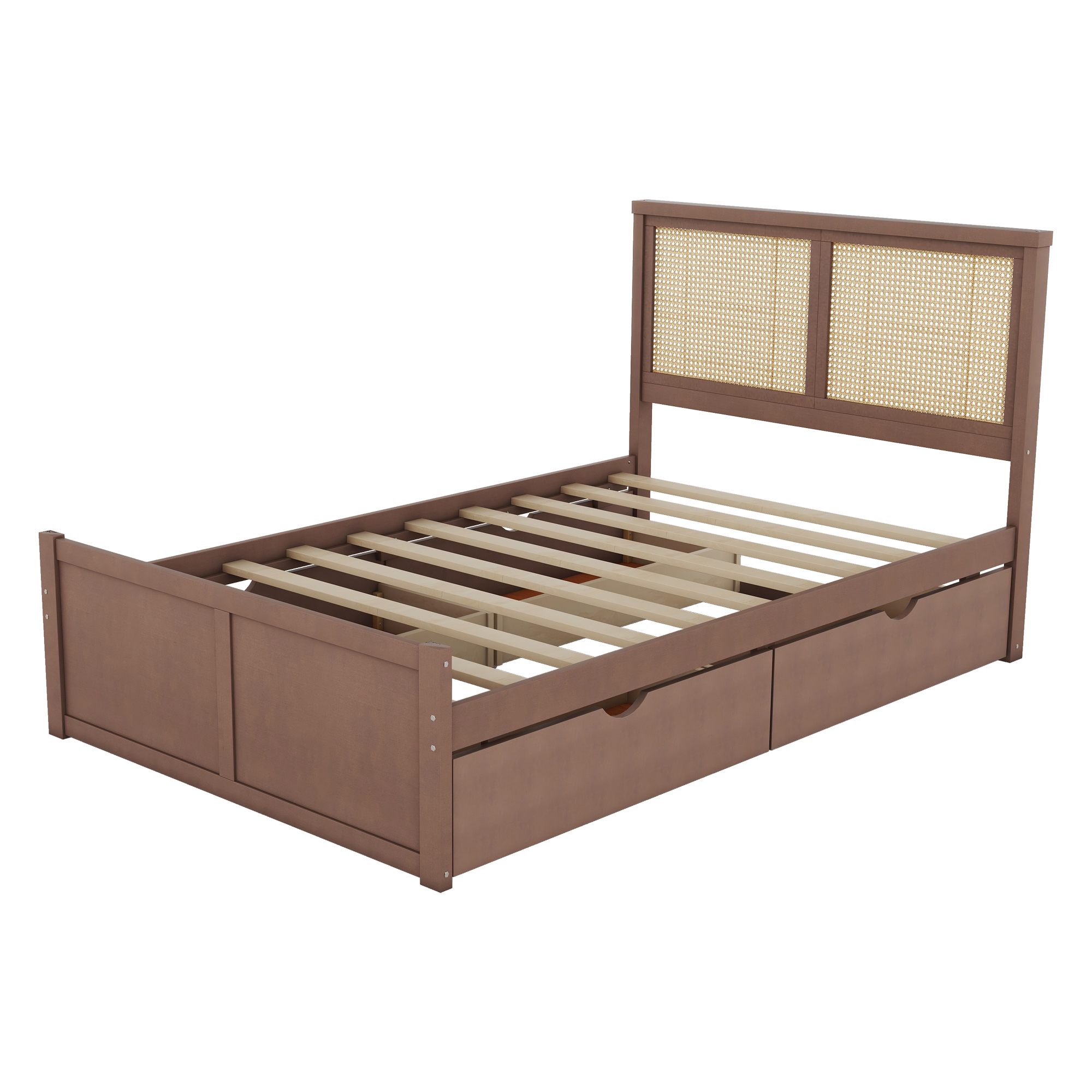 Queen/Full Size Wood Storage Platform Bed with 4 Drawers, Rattan Headboard, Espresso/Nature 