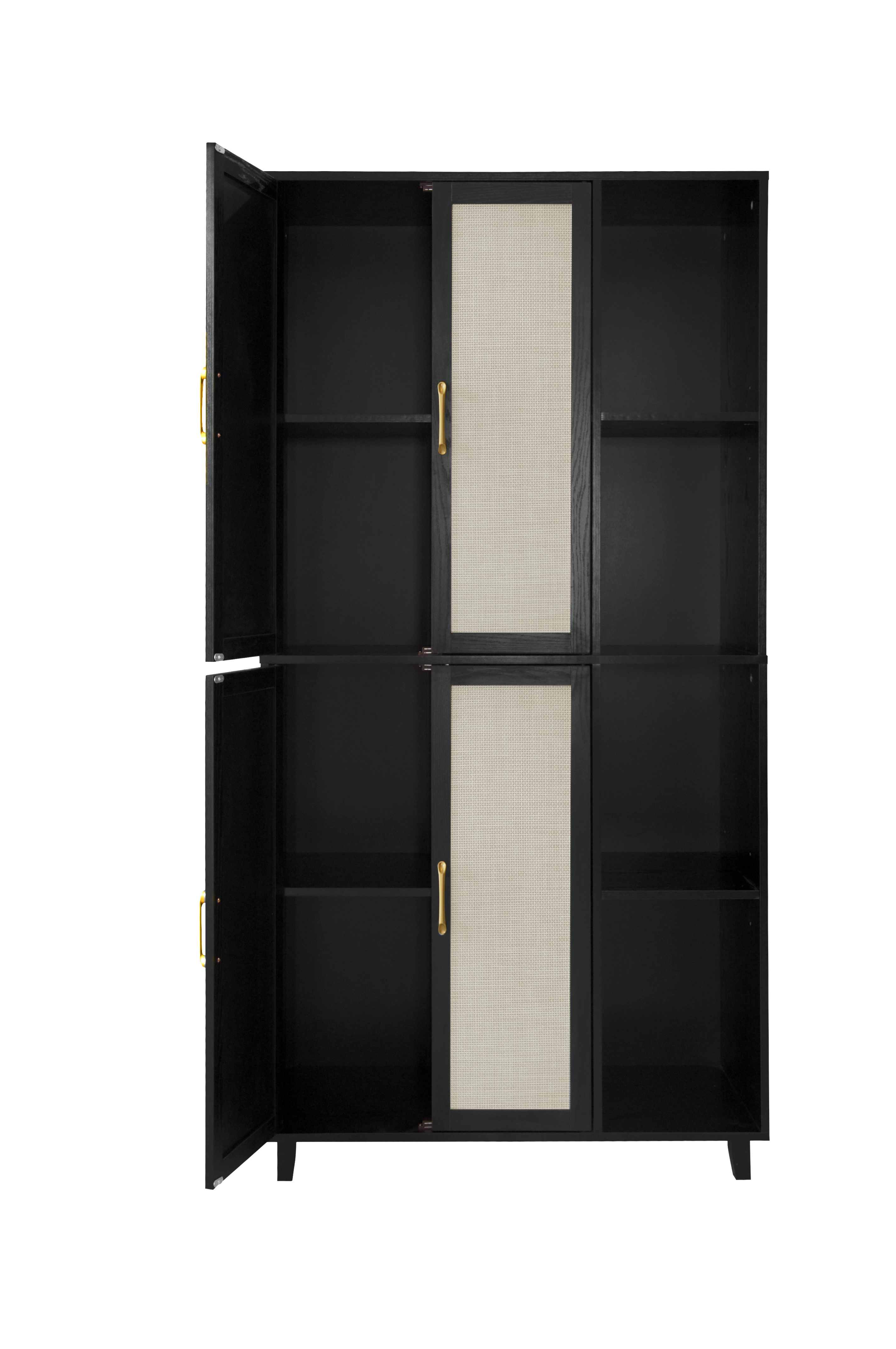 4 Door Cabinet with 4 Shelves with 4 Adjustable Inner Shelves, Storage Cabinet,  Black / Natural 