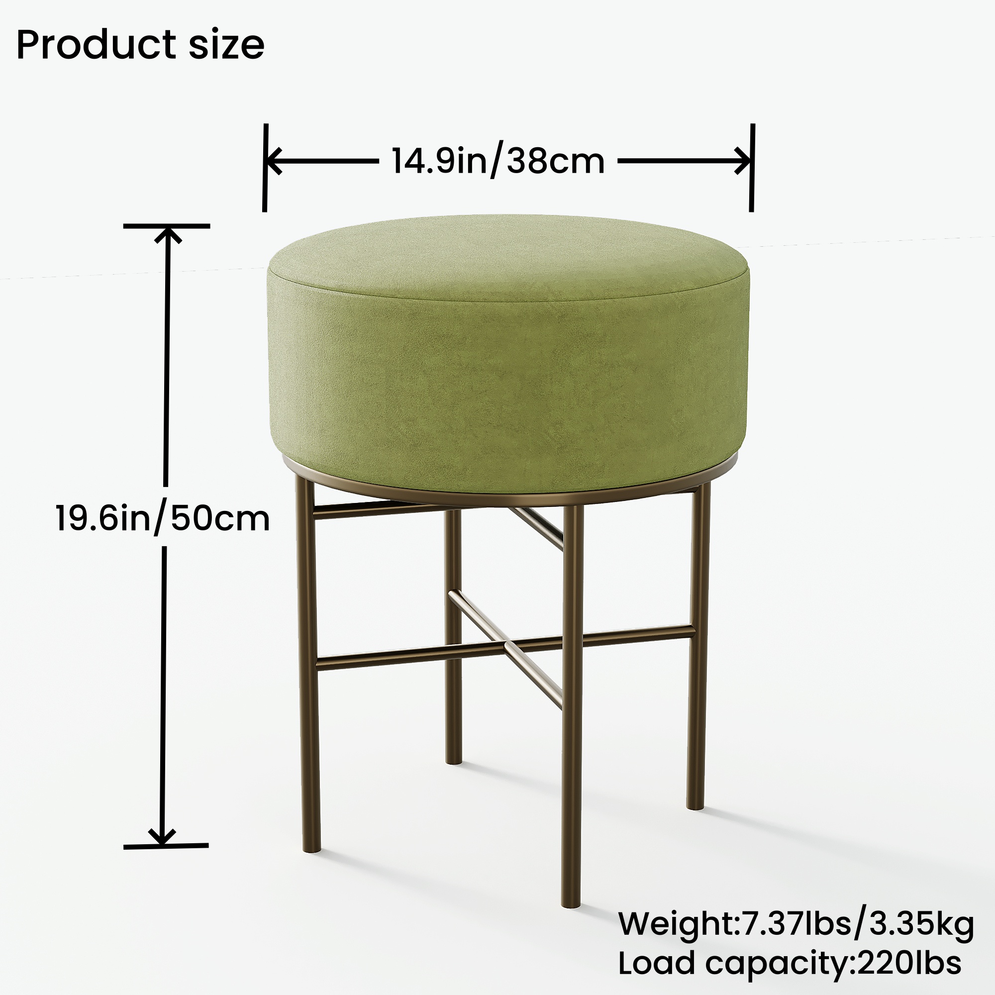 2 pcs Round Cushioned Vanity Stool, Linen Upholstered Vanity Stool for Makeup Room, Modern Soft Stool for Bar and Dining, Ottoman Footrest Stool with Metal Legs for Living Room, Bedroom(Matcha Green/Black) 