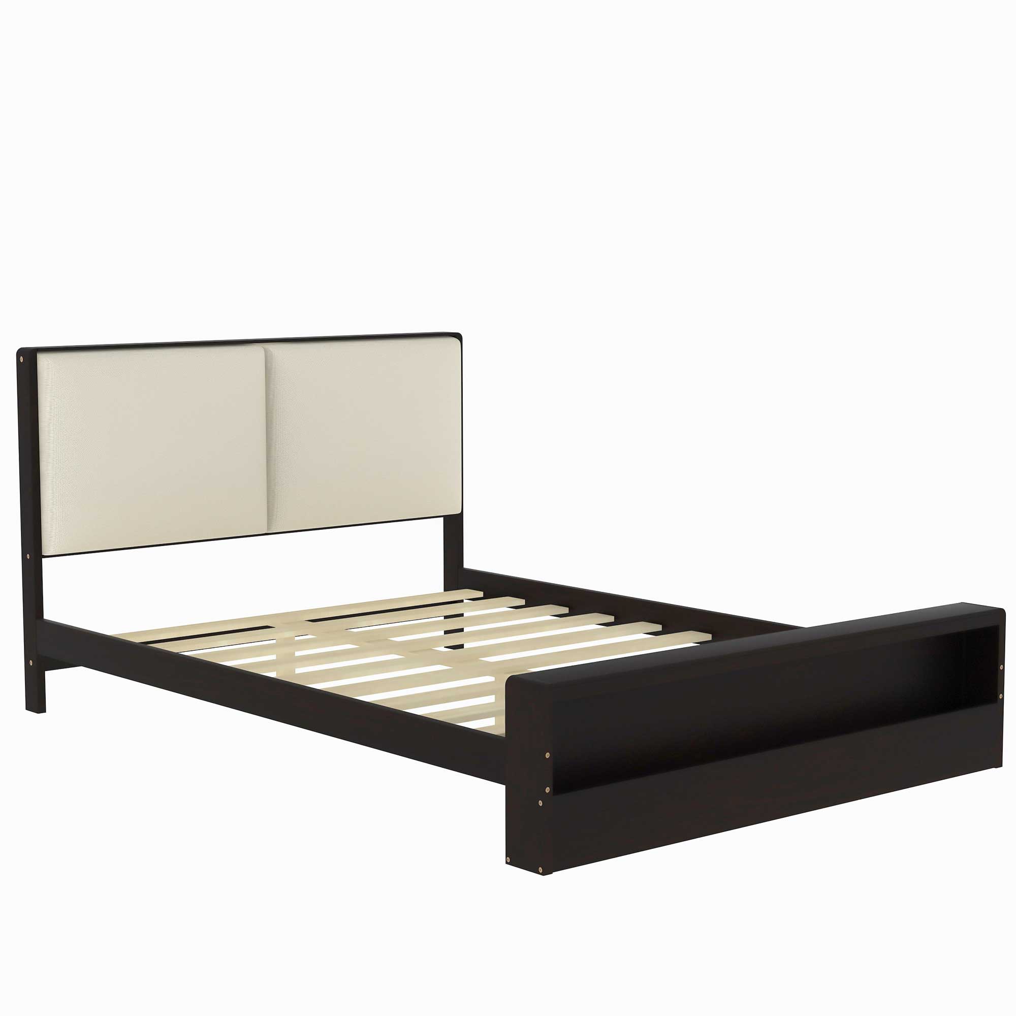King/Queen Size Platform Bed Frame with Upholstery Headboard and Bookshelf in Footboard and LED Light Strips, Espresso