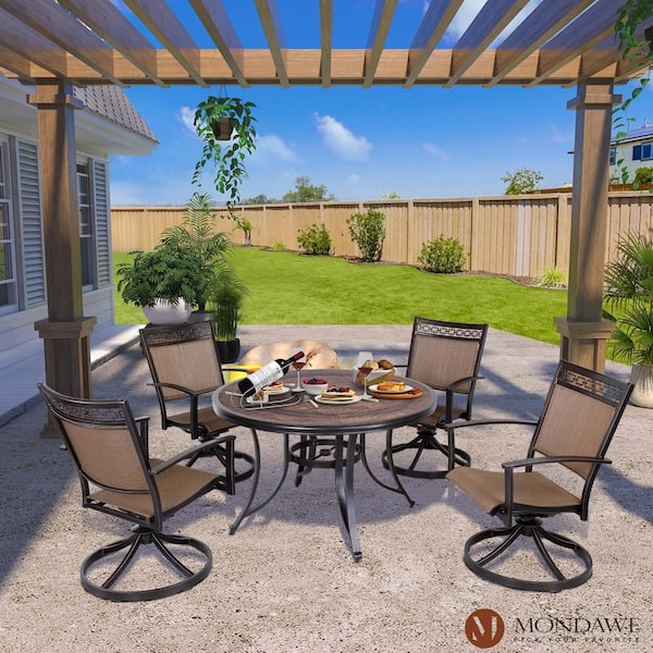 Dark Gold Round Aluminum 28 in. H Faux Wood Top Outdoor Patio Dining Table with Umbrella Hole-Boyelliving