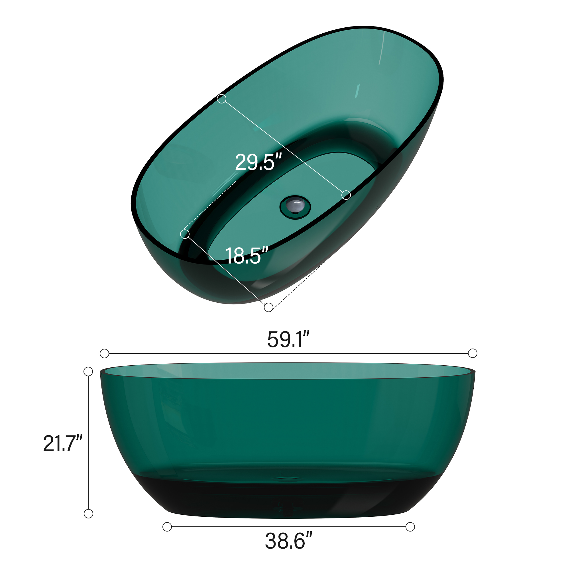 59" Soaking Tub Transparent Resin Freestanding Bathtub Modern Oval Design Stand Alone Tub with Overflow and Pop-up Drain