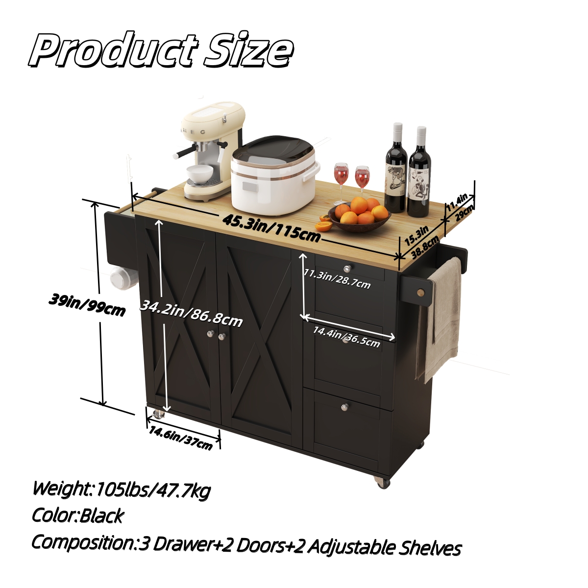 45.4" Farmhouse Black Rolling Kitchen Cart on Wheels with Storage Cabinet, Mobile Kitchen Island cart with Drop Leaf Top, Spice Rack, Towel Bar, Adjustable Shelf, Drawers and Hooks 