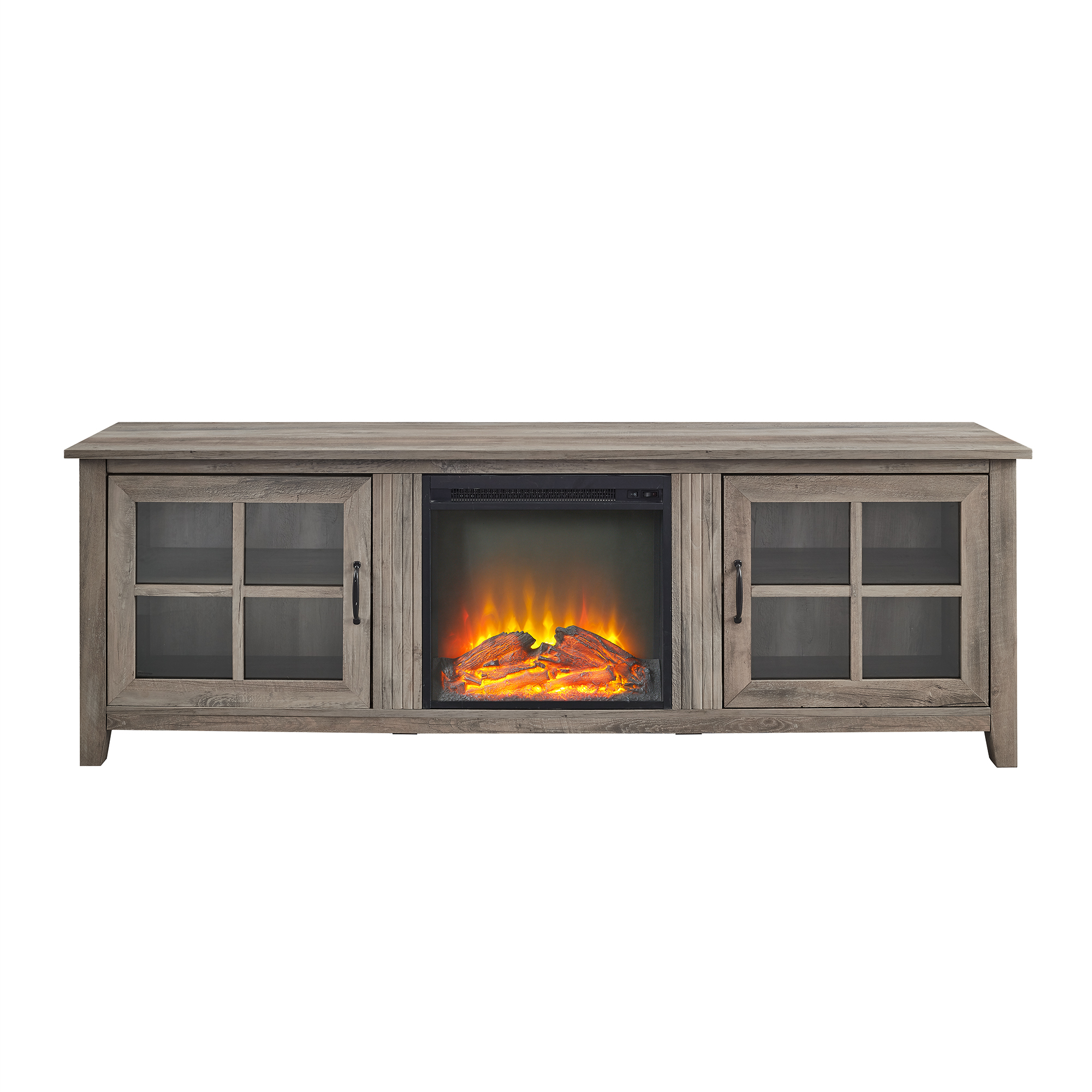 Modern Farmhouse 2-Door Glass Windowpane 70" Fireplace TV Stand for 80" TVs - Grey Wash