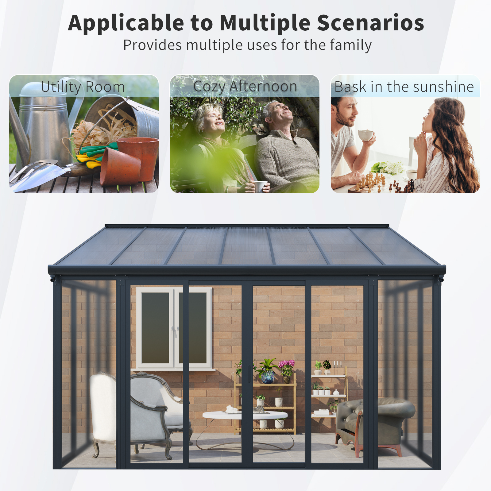 10×14 ft Enclosed Patio Cover with 3 Lockable Sliding Doors, All Season Sunroom with aluminum alloy frame ,Polycarbonate Roof and transparent solid PC endurance panel wall system for Garden Patio Deck